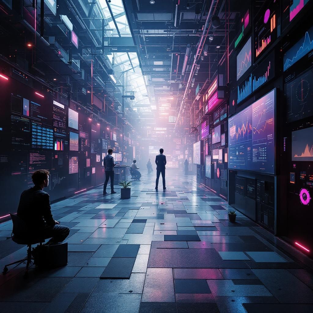 Et kraftfuldt dokumentarisk billede, der symboliserer den nye arbejdsmarkedskløft skabt af AI, kan være en abstrakt men realistisk scene, hvor forskellige lag af arbejdspladsen smelter sammen i en visuel metafor for adskillelse og assimilering. Forestil dig en stor, skæv arbejdsstation uden mennesker, hvor hele rummet er opdelt i to dele: På den ene side er der et kaotisk, uplejet område med tilfældigt spredte papirark, blyanter og komplette dataskærme, der viser vilkårlige AI-kommandoer og -grafer. På den anden side er en harmonisk, minimalistisk zone med rene linjer og moderne teknologi, hvor subtile LED-lys i bløde blå og grønne nuancer illustrerer kontrol, algoritmer og dataflow – en decideret visuel kontrast, der viser