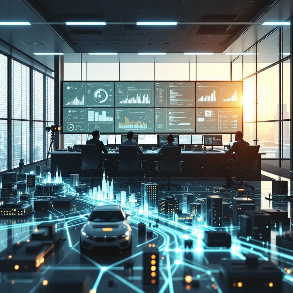 Forestil dig et stramt, realistisk fotografi taget i en moderne infrastruktur, der symboliserer den digitale transformation i praksis. Billedet viser et højteknologisk kontrolrum eller operationscenter med et stort, centralt display bestående af flere, tosprogede digitale skærme, der viser komplekse datamodeller, grafer og kode i realtid. I forgrunden ses et kort over et samfund eller en bydel, hvor forskellige steder og infrastrukturer er forbundet via tydelige, farverige data-strømme, der illustrerer automatiserig og digital integration. Omgivelserne af rummet er funktionelle, med minimalistisk indretning og subtile belysning, der fremhæver det aritmetiske samspil mellem data og infrastruktur. Dette billede formidler en dagsaktuel, dokumentarisk skildring af, hvordan AI og automatisering gennem avancerede dataprocesser præger samfundets fundament, uden at det bliver til science fiction, men i stedet til en konkret hverdagssituation med direkte effekt på det offentlige og private. Dette fotografi forbinder