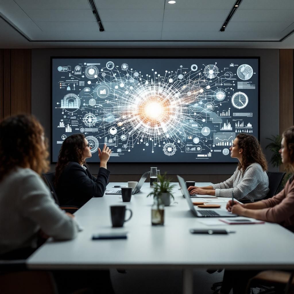 Det mest fængende og dokumentaristiske billede, der illustrerer emnet i den midterste del af artiklen, kan forestilles som et optimalt miljø, hvor avancerede AI- og datavisualiseringer er integreret i en moderne, offentlig kontor- eller forskningsindstilling. Forestil dig en stor, responsiv skærm fyldt med synkroniserede grafer, komplekse netværk og dynamiske diagrammer, der symboliserer tunge data- og researchprocesser, der bliver automatiseret. I hjørnet, en gruppe analytiske forskere eller beslutningstagere, der uden at fokusere på individuelle personer, i stedet bruger interaktive tablets og jotter, hvilket understreger teknologiens rolle i at smelte komplekse data til forståelige informationer, parallelt med, hvordan AI kan optimere administrative processer og forskning. Billedkompositionen vil med naturligt lys, moderne arkitektur, og subtile miljømæssige elementer give en ægte, dybt realistisk fornemmelse af, hvordan AI-teknologien integreres i dagligdagen for centraladministrationer eller