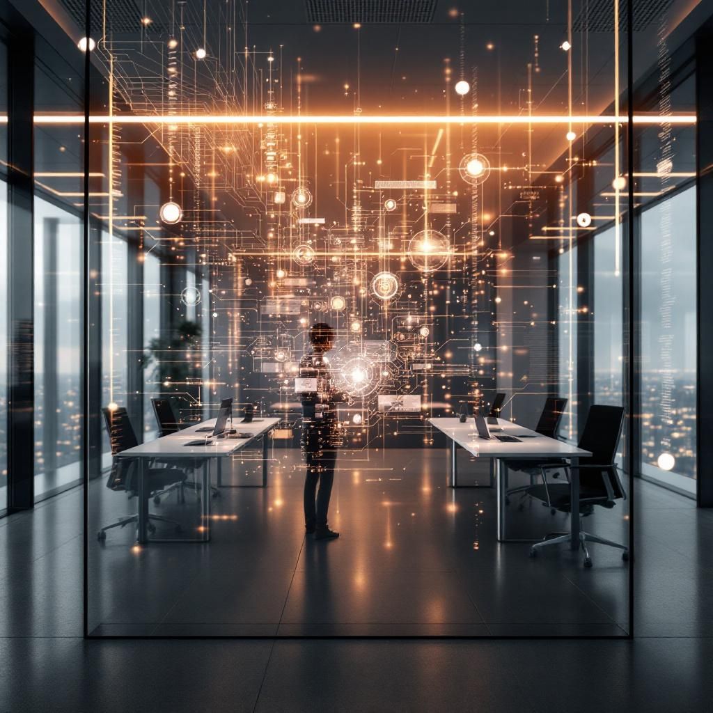 Forestil dig et dokumentaristisk og realistisk foto, der fokuserer på den abstrakte kraft af AI-teknologi i en moderne forretning, uden at inkludere mennesker direkte. Det viser en stor, transparent skærm i en højteknologisk kontorbygning, hvor komplekse, farverige datadikrammer svæver i luften, repræsenterende den avancerede AI’s tankestrøm og databehandling. Disse datavidner er gennemskinnelige og dynamiske, med streger og mønstre, der slynger sig over rummet, symboliserende den omfattende informationsstrøm og automatiserede analyser, der foregår i kulissen. Det er en visualisering af AI’s indflydelse på moderne forretningsprocesser — koncepter, der handler om hastighed, præcision og autonomi — uden at bruge konkrete personer, men i stedet fokusere på den teknologiske infrastruktur og dens effekt på en elegant, dokumentaristisk måde, der vækker både fascination og refleksion over fremtidens arbejdspladser.