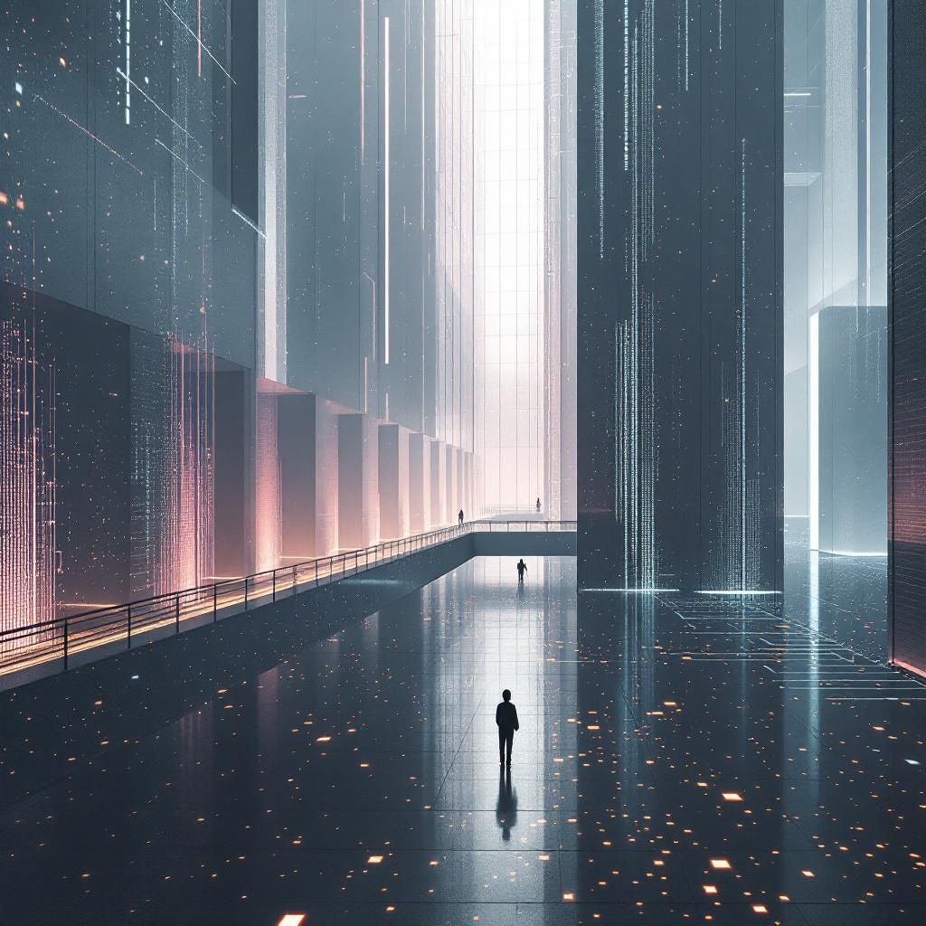 Forestil dig et hyper-realistisk og dokumentarisk foto taget i en moderne, global innovationspark, hvor et stort, minimalistisk lærred dominerer scenen. På det vises en kompleks, abstrakt visualisering af netværk af små, sammenkoblede datapunkter og symboler, der illustrerer samarbejdet mellem flere små AI-modeller i en stram, struktureret arkitektur. Farverne er dæmpede gråtoner med subtile neon-lysreflekser, der skaber en følelse af teknologisk præcision og effektivitet uden at blive for futuristisk. Over for denne visualisering står en gruppe forskere og ingeniører, der diskuterer med fokuserede blik, mens de peger på forskellige sektioner af bemalingens kompleksitet, uden at menneskefigurer bliver hovedfokus — det er rummet og teknologien, der trækker i den visuelle fortælling. Baggrunden er en åben og industriel udstillingshal med synlige kabler, server-racks og strukturelle bjælker, hvilket giver en autentisk, arbejdende atmosfære. Det naturlige lys filtrerer gennem høje vinduer, hvilket understreger t