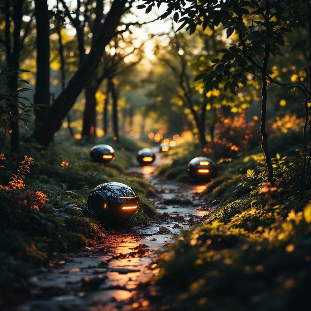 Forestil dig et nærbillede af en moderne bypark midt i en travl storby, hvor naturen møder den avancerede teknologi på en subtil måde. Kameraets dybdeskarphed fremhæver en gruppe små, diskrete enheder – micro-robotter med slanke geometriske former, der langsomt bevæger sig over en underskov af grønt. Disse robotter er udstyret med farvede, LED-lysende linjer, der skifter subtilt i takt med deres bevægelse, og reflekterer den præcise koordination, der ligger bag deres design. Rundt om dem strækker det urbane miljø sig – howler træer med integrerede sensorer, solpaneler integreret i stierne, og aktive elementer som små, automatiserede plantepleje-robotter i aktion, hvor hver enkelt enhed er en del af et større, koordineret system. Det livlige lys fra byens lamper og solenergi udstråler blødt, hvilket fremhæver teknologien som en integreret del af dagliglivets økosystem, klart illustrerende, hvordan små modeller og constraint-baseret AI kan skabe en smartere, mere bæredygtig by.
