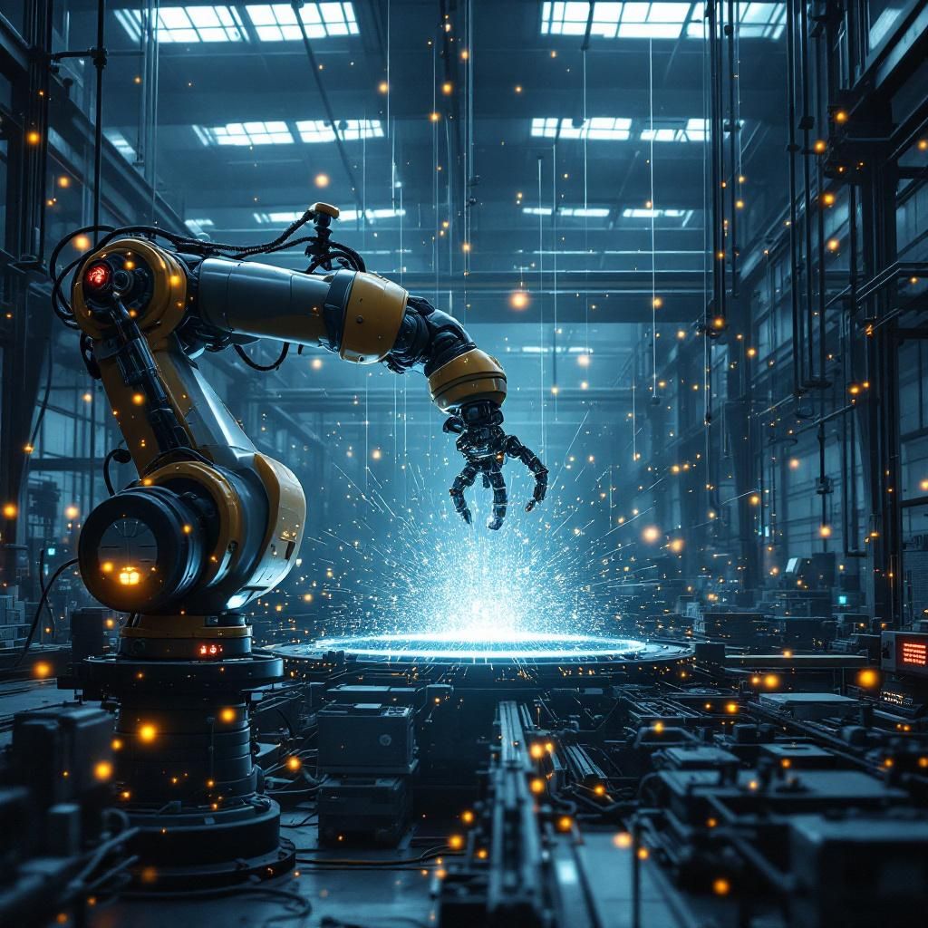 Forestil dig et dokumentaristisk billede af en moderne, industriel industrivirksomhed, hvor teknologien spiller en central rolle i hverdagens arbejdsgange. I billederet er en stor, let synlig robotarm, med sofistikerede LED-lyslinjer, i fuld aktivitet, mens den arbejdskraftigt manipulerer enorme blokke af data- eller informationsmateriale – symboliseret gennem abstrakte, flydende datastreams, der strækker sig gennem rummets rummelige, højteknologiske omgivelser. Rummet fremstår rent og funktionelt, med filtrende dagslys, der blødt oplyser de rustikke metalstrukturer, hvilket skaber en kontrast mellem det industrielle og det digitale – en visualisering af, hvordan avanceret AI og store datamængder integreres i den moderne produktionsproces uden menneskelig nærvær. Dette tilfælde formidler, hvordan avanceret teknologi fornyer og effektiviserer arbejdsstrømme i samfundet, samtidig med at det bevarer en dokumentaristisk realisme uden overdramatisering.