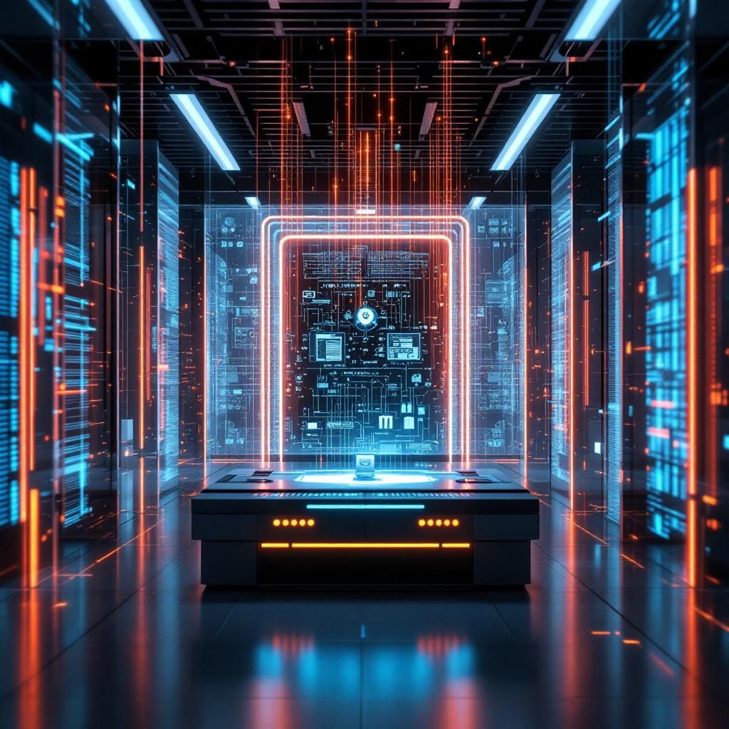 Det mest fængende og spændende billede, der kan illustrere artiklens centrale tema om GPT-5.2, er en realistisk, dokumentaristisk optagelse af en moderne, high-tech data-analyselaboratorie eller kontrolrum, hvor komplekse informationsstrømme visualiseres gennem store, levende digitale skærme. I midten kan man forestille sig en stor, central server eller datacenter, hvor kraftfulde AI-enheder flyder som synlige datastrømme, der strømmer gennem kabler og flader i farverige, pulserende mønstre, der symboliserer avanceret dataanalyse og autonom problemløsning. Rummet er fyldt med lavintensivt, blåt skærmbelyst lys, der reflekterer den intense aktivitet, uden direkte menneskelige elementer, for at understrege, at fokus er på teknologien og dens effekt. Det abstrakte, men realitetsnære miljø fremhæver, hvordan avanceret AI arbejder i dybden for at optimere komplekse systemer i samfundets instanser som sundhedssektorer eller offentlige forvaltninger. Billedet balancerer det realistiske, dokumentaristiske udtryk med