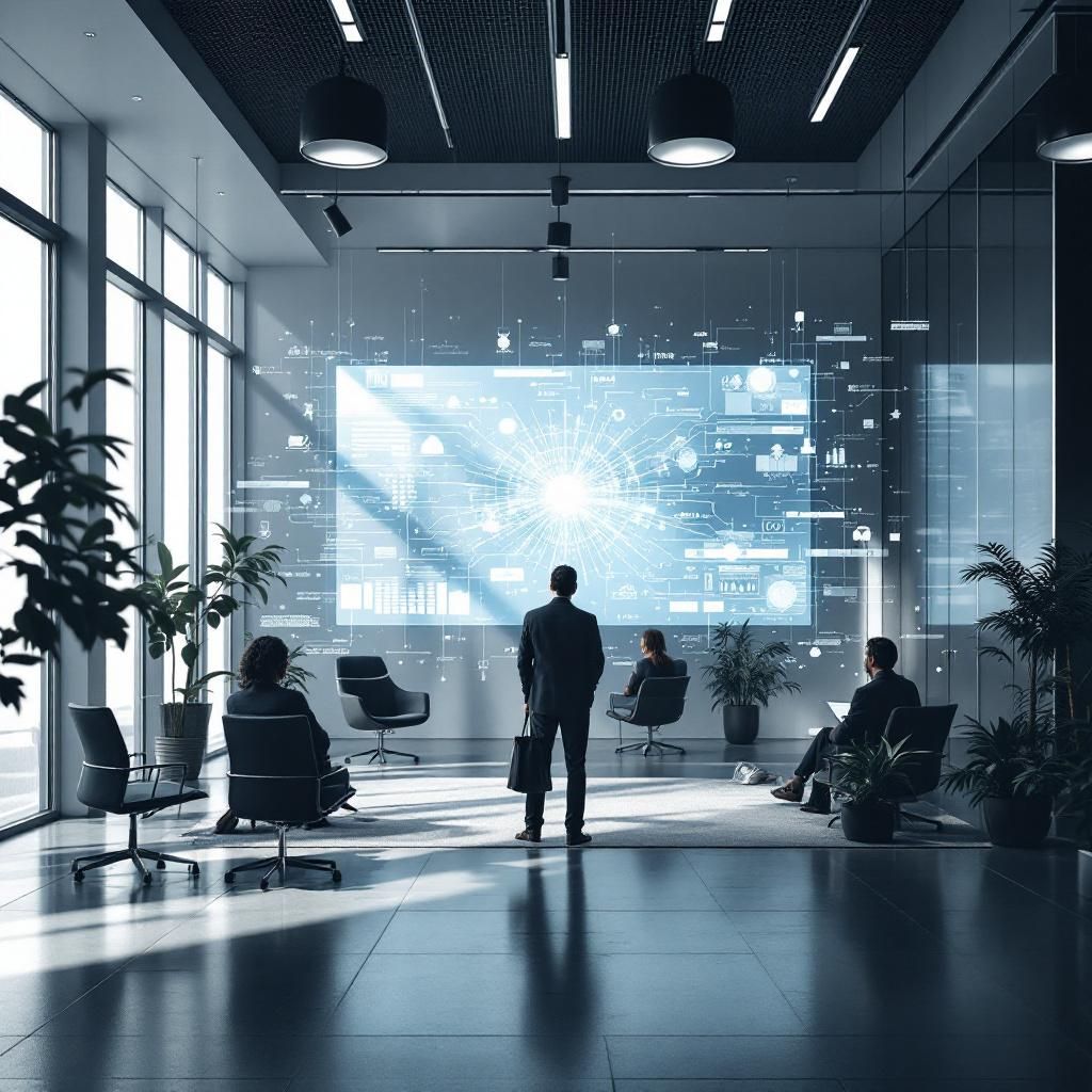 Forestil dig et realistisk og dokumentarisk fotografi, der symboliserer den transformative kraft ved GPT-5.2 i en offentlig eller privat organisation. Billedet viser en moderne, velindrettet kontorbygning eller et offentligt kontorlandskab, hvor papir- og skærmbaserede arbejdsprocesser er visuelt overlejret med transparente, flydende datastrømme – symboliserer, hvordan modellen automatiserer komplekse sagsgange. I midten står en stor, minimalistisk digital skærm eller interface, hvor en abstrakt, dynamisk visualisering af data- og informationsflower og netværk er i konstant bevægelse, hvilket afspejler modellens evne til at håndtere langvarige og komplekse opgaver uden at miste fokus. Omgivet af disse visuelle lag er der subtile elementer af menneskelige værktøjer og infrastruktur – f.eks. en scanner, en digital signatur, eller en dokumenthåndtering, der antyder, hvordan teknologien, uden at dominere, forbedrer og optimerer eksisterende processer. Lyset er naturligt med et blødt, kontorlysimpel-lyssæt, og f