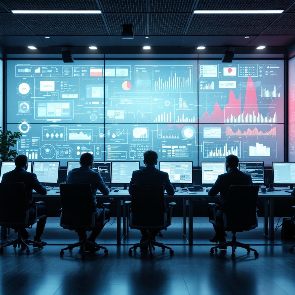 Forestil dig et dokumentarisk billede taget i et moderne, højteknologisk kontrolcenter, hvor en stor, digital, transparent datavisualisering dominerer scenen. I fokus er en omfattende, video- og grafiekortet brugergrænseflade, der viser dynamiske kontekstuelle flowdiagrammer, afhængigheder, kodefragmente og workflows, alle i subtile blå og grå nuancer. Disse visualiseringer strækker sig ud over flere store skærme, hvor en kompleks, farverig animation illustrerer, hvordan AI-agenters forståelse af kodebasen, kontekst og governance er den afgørende faktor for succes. I den nærliggende del af rummet ses færre mennesker, kun nogle få protokollede udviklere, der overvåger, logger og analyserer data, hvilket fremhæver en kultur præget af systematisk disciplin og præcision. Atmosfæren udstråler en følelse af kontrol og klarhed, hvor teknologien demonstrerer sin evne til at synchronisere komplekse processer og dataflow – vigtigst af alt, uden at være medialyserende eller urealistisk – netop som en dokumentarisk vis