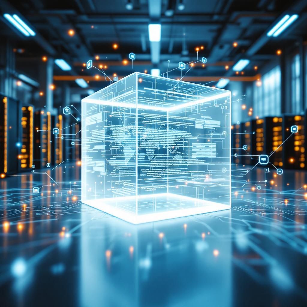 Billedet viser et detaljeret, dokumentaristisk miljø, hvor den komplekse kontekstuelle natur af AI-systemer visualiseres gennem abstrakte, symbolske elementer. I fokus er en stor, transparent cube, der symboliserer kernen i en kodebaseret arbejdsproces, omgivet af lag af gennemskinnelige, flydende dataflows i form af flimrende linjer og digitale snore, der repræsenterer afhængigheder, struktur og flow. Omgivelserne består af en neutral, industriel værkstedslignende setting – med synlige kabler, server racks og skærme, der viser kodestumper og diagrammer, hvilket understreger vigtigheden af kontekst og systematik i AI-implementering. Mellem disse elementer svæver små, fløjlsagtige former, der illustrerer ideen om kontrol og governance, og deres overlap antyder samarbejde, fejlretning og forbedring. Lyset er diffust med en kombination af bløde, varme og kolde toner, der skaber en symbolsk kontrast mellem menneskelig indsats og maskinens uendelige dataflyd. Den subtile belysning fremhæver lagdelingen i struktur