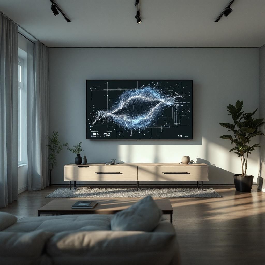 For at fange essensen af den aktuelle teknologi i en dokumentaristisk, realistisk stil, ville jeg vælge at fotografere en produceret, minimalistisk scene i et moderne miljø med subtile lag af digital manipulation. Forestil dig et billed, hvor en stor, enkel spejlblank overflade – måske en glasbordplade – reflekterer en intelligent, abstrakt illustration af dataimpressioner, som flyder og ændrer form i bløde bevægelser. Overfladen symboliserer brugerens kontrol over AI-videogenren; den er uden menneskelige figurer, men gennem reflektionen formidler den, hvordan teknologi integreres i og påvirker vores hverdag. Dette kan skabe en følelse af nærhed og kontrol i en ellers kompleks digital verden. I baggrunden, diskret men tydeligt, kan man se en skærm eller et digitalt interface, der viser grafiske visualiseringer af AI-genererede videoer, databaser eller kode, hvilket illustrerer den teknologiske proces uden direkte at vise personer. Det skal være naturligt oplyst med blødt, diffust lys, der understreger det hø