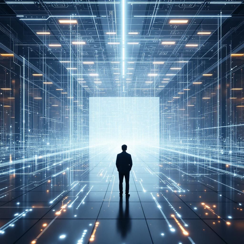 For at skabe et varierende, dokumentaristisk billede, der symboliserer og visualiserer emnet om circuit-sparsity, forestil dig en travl, moderne industri- eller forskningsmiljø, hvor et gigantisk, transparent datasammenkoblingsnetværk er projiceret over en stor, blank væg. Dette netværk består af snoede, lysende tråde og små, nedtonede kredsløb, der illustrerer den sparsomme struktur inden i avancerede AI-modeller. I midten af billedet står en teknisk forsker eller ingeniør i afslappet, men funktionelt udstyr, der peger mod et af kredsløbene med en laserpointer. Rummet er oplyst med bløde, blålige LED-lys, der fremhæver det indviklede, men transparente design og skaber en følelse af kontrol over komplekse relationer. Baggrunden viser en stor, statisk skærm, der visualiserer realtidsdata og grafer over sparsity-niveauer i modeller, mens 3D-animationer af vægge, kabler og kredsløb langsomt bevæger sig og ændrer form. I højre side kan man skimte et bord med prototypesystemer og notebooks, der dokumenterer proce