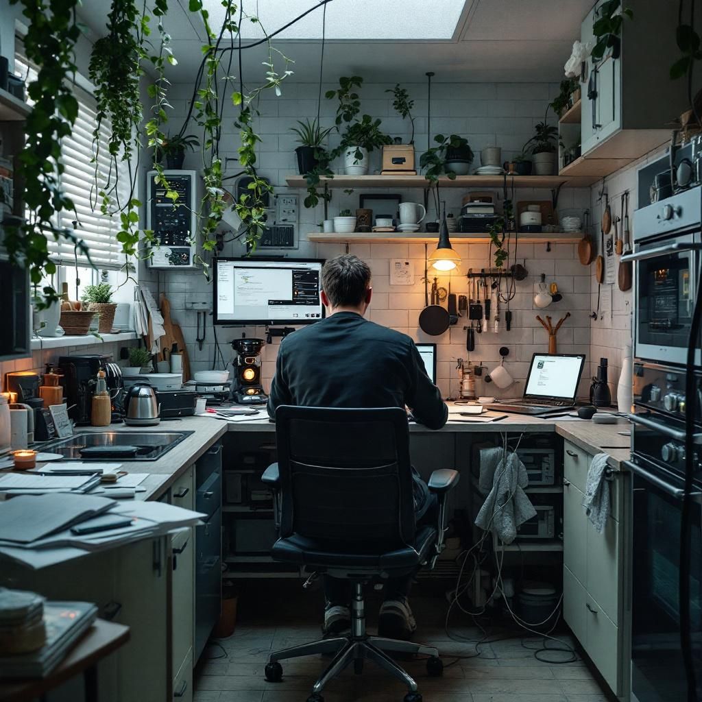 Forestil dig et nærbillede af et moderne, dysfunctional køkkenmiljø, hvor en enkelt medarbejder sidder på gulvet omgivet af vunsent teknologi og prototyper af AI-automatiserede løsninger. Billedet viser en flad, bred vinkel, hvor den centrale figur - en midaldrende person i afslappede, arbejds-agtige klæder uden direkte menneskekontakt - koncentreret arbejder med trådløse enheder og papirer, der er spredt ud over et bord. Rummets baggrund er fyldt med uorganiserede kabler, servere med blinkende LED-lys, og skærme, der viser komplekse visualiseringer af datamodeller, men uden menneskelige ansigter, hvilket skaber en ægte, dokumentarisk stemning af teknologiens uundgåelige indflydelse i hverdagens ofte rodede, uperfekte miljø. Det er et realistisk akutlook på, hvordan teknologi er blevet en uadskillelig del af praktiske, utilpassede arbejdssteder, hvor innovation sker i øjeblikket uden glans eller ID. Baggrunden viser en vinduesramme med beskidte ruder, der antyder en ældre bygning, hvor lys fra en grå eftermi