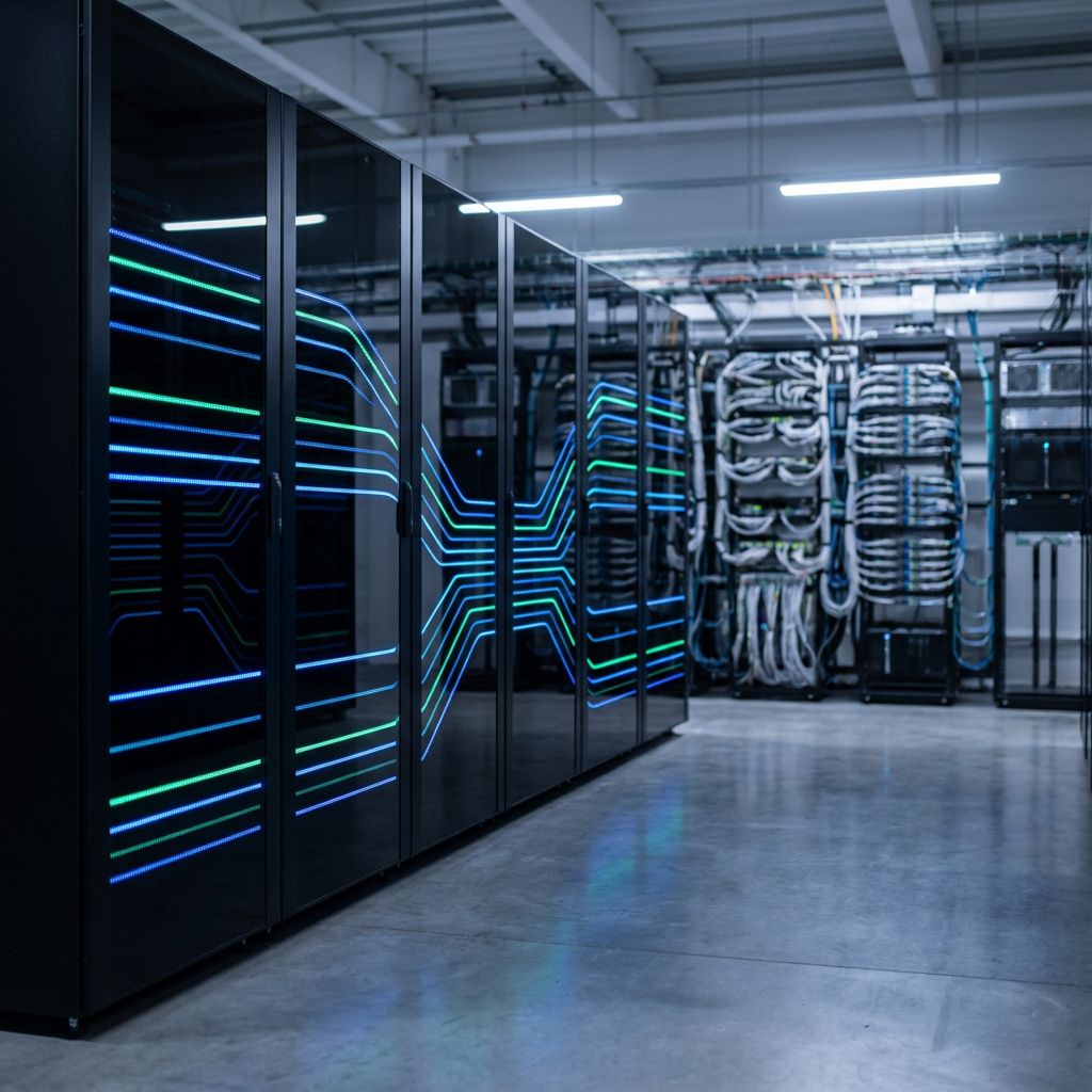 Forestil dig et fotografi af en moderne datacenter- eller supercomputermiljø, hvor de abstrakte koncepter om massiv databehandling og avanceret jobstyring bliver til en tydelig, dokumentaristisk realitet. Billedet viser en stor, minimalistisk serverfacade med glatte, sorte paneler, der er overfladisk oplyst af subtile blå og grønne LED-linjer, der antager en flydende bevægelse. I baggrunden er der en trådløs, diffust belyst væg af netværkskabler og hardware, der antyder den pågående, komplekse proces med data og AI-beregninger. Fokuset er på strukturen og flowet af kraftfulde ressourcer i et ultra-moderne HPC-miljø, hvor man tydeligt fornemmer suggestive symboler på massiv datastyring, uden at det er menneskeligt centreret, men snarere en indviklet, næsten organisk proces i gang. Dette billede visualiserer den skjulte, men essentielle infrastruktur, der driver AI- og HPC-udvikling i dagens ting, præget af ren, industrielt æstetik og teknologiens kraft, uden at det bliver sci-fi eller futuristisk, men stramt o