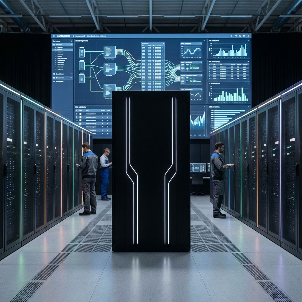 Forestil dig et realistisk, dokumentaristisk foto, der visuelt formidler den komplekse interaktion mellem avanceret teknologi og praksis. Billedet viser en stor, moderne datacenterhal med en række serverrækker, hvor bløde LED-lyslinjer farver forsigtigt og skaber en subtil, futuristisk stemning uden at overdrive. I midten står en stor, minimalistisk, sort supercomputer, med elegante LED-linjer, der efterligner de visuelle elementer fra de visuelle data på en stor skærm i baggrunden. Rundt om står tekniske specialister, men fokus er på maskinen og dens strukturelle betydning for HPC- og AI-arbejde – både med hensyn til ressourceallokering og den praktiske integration af hardware og software i en arbejdsflow. Baggrunden er præget af en stor, analytisk LED-skærm, der dynamisk viser diagrammer, grafikker og flow af data, hvilket symboliserer den synkronisering mellem jobstyring og AI-udvikling som beskrevet i artiklen. Det robuste, men raffinerede design af udstyret understreger en ægte hverdagssituation i en to