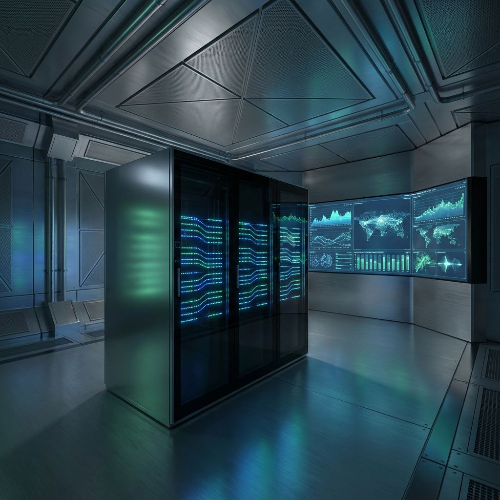 Forestil dig et billede af et laboratoriemiljø, der symboliserer den komplekse verden af high-performance computing og kunstig intelligens, uden at vise personer direkte. Midt i billedet står en futuristisk, minimalistisk serverrekke med skinnende, sorte kabinetter, hvor LED-lys i bløde blå og grønne nuancer bevæger sig i organiserede mønstre, der illustrerer dataflow og ressourcestyring. Overfor serverne er en skærm, der viser dynamiske grafer og netværksvisualiseringer, som symboliserer orkestreringen af store datamængder og AI-processer. Rummets omgivelser er præget af industrielle, metalprægede elementer og præcise geometriske strukturer, der understreger en højteknologisk atmosfære. Dette billede illustrerer den usete, men vitale infrastruktur bag moderne AI-infrastruktur, hvor avanceret hardware og open source software samarbejder om at drive innovation. Lyset i billedet er subtilt, men skiftende, med bløde skygger, der antyder en konstant aktivitet og avanceret kontrol med databehandling. Farverne er