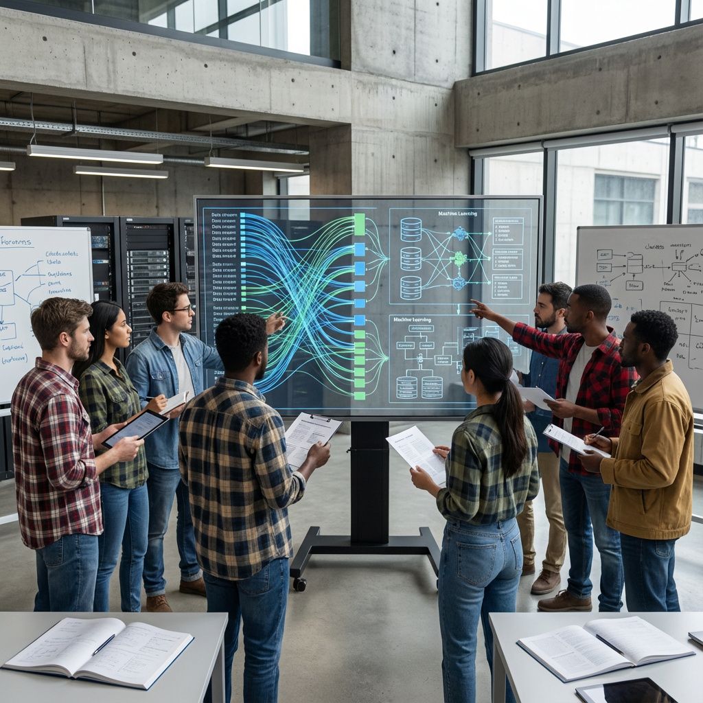 Forestil dig et realistisk, dokumentaristisk billede, hvor fokus er på en moderne, åben arbejdsplads med et demonstrationsmiljø, der illustrerer det praktiske arbejde med AI-modeller. Billedet fanger en gruppe ingeniører og forskere i afslappet, funktionelt tøj, der nøje studerer en stor, transparent display-skærm, som visualiserer det strukturerede dataformat og informationsflow, der er nøglen til succes i moderne AI-udvikling. Visualiseringen er realistisk med komplekse diagrammer, datastrømme i form af flydende, lysende linjer i blå og grøn nuancer, der symboliserer dataens struktur og flow, uden at være futuristisk eller sci-fi. Baggrunden viser en arbejdsplads præget af brutalistisk design, med åben plan og teknologiske elementer som rack-servere og notesbøger, hvor fokus er på databasens struktur og de praktiske processer for dataforberedelse og modellering. I den daglige kontekst ses personer uden kameraer eller computere, men i stedet fokus på dokumenter, tablets, tavler med diagrammer, og en ambie