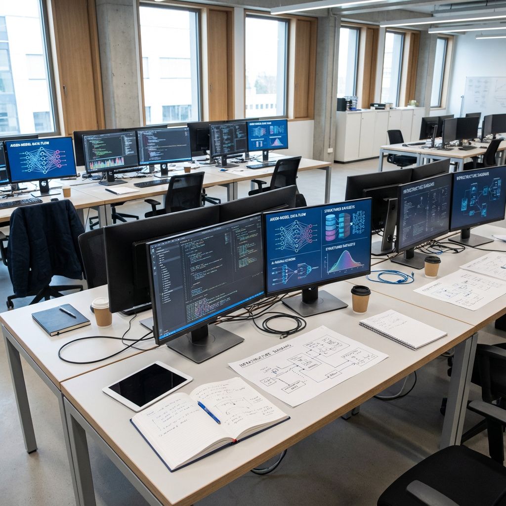 Mit billede illustrerer en realistisk, dokumentarisk scene i et moderne teknologimiljø, hvor en gruppe ingeniører og forskere arbejder med avanceret, åbent trænet aigen-model. Billedet viser en rummelig, lyse og funktionelt indrettet kontor- eller laboratoriemiljø med store, åbne borde samt flere skærme, der viser komplekse strukturerede datasæt og kodevisualiseringer. Uden at fokusere på personer, er scenen præget af flere visuals af datastrømme, datamodeller og grafisk repræsentation af AIs indre processer, integreret i en hygiejnisk, minimalistisk setting. Det dokumentariske præg understreges af naturligt lys og hverdagsegneskaber som notesbøger, tablets og tekniske diagrammer, der symboliserer praksis og anvendelse i realverdenen for AI-udvikling med fokus på datakvalitet, strukturer og infrastruktur. Det fængende billede symboliserer en moderne, teknologisk avanceret arbejdsproces uden at bruge kendte futuristiske elementer eller personfokus; i stedet fokuserer det på det komplekse samspil mellem data,