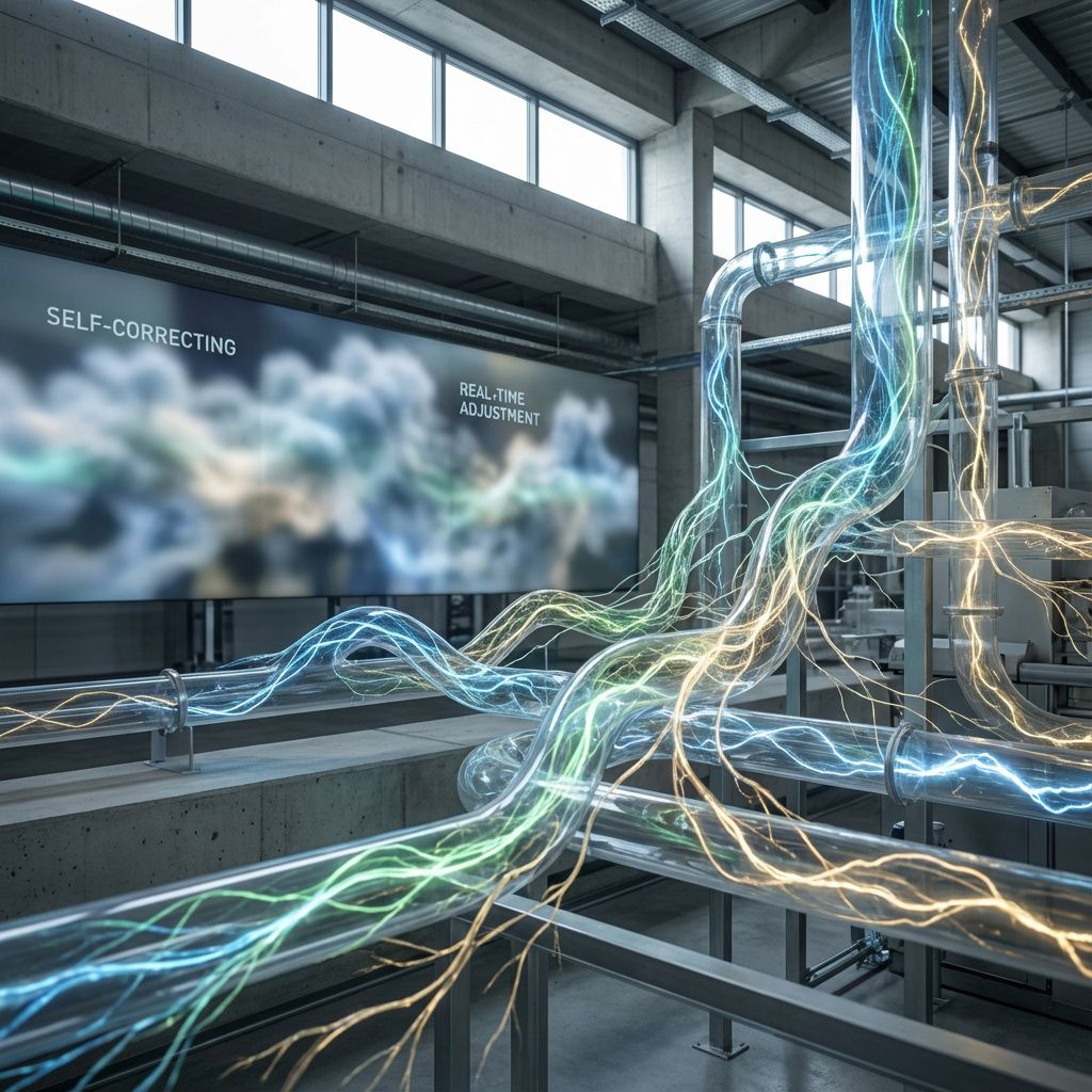 Mit fokus på dokumentaristisk og realistisk stil, vil jeg skabe et abstrakt billede, der visualiserer samarbejdet mellem multiple AI-agenter uden direkte menneskeligt engagement, hvilket understøtter artiklens fokus på agentedrift og automatisering i praksis. Forestil dig en dynamisk scene, hvor flydende datastrømme og netværksforbindelser i naturlige, organiske former mødes i en futuristisk, men ikke sci-fi-agtig atmosfære, der symboliserer koordinering og selvkorrigerende processer. Naturlige miljøelementer som rør og energilignende lysstrømme smelter ind i en moderne, industriel baggrund, hvor små