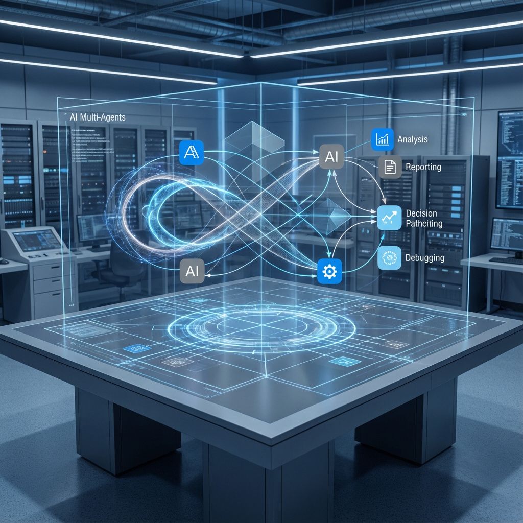 Billedet, jeg vil skabe, er en dokumentaristisk og realistisk gengivelse af en moderne, hektisk kontor- eller konferencehal, hvor innovationen omkring multi-agent AI-systemer er i fokus. I stedet for at skildre mennesker direkte, fokuserer billedet på det komplekse netværk af teknologi og data, der symboliserer samarbejdet mellem AI-agenter. Visualiseringen kan inkludere en række holografiske eller projicerede diagrammer, der illustrerer samarbejde og beslutningsflow, skabt som abstrakte lag af lys og former over et stille, geometrisk bord eller i en åben digital atmosfære. Dette skaber en visuel metafor for et avanceret system, hvor data flyder som pulserende energisløjfer eller lige linjer, der krydser hinanden, hvilket indikerer både kompleksitet og effektivitet. Scenen skal fremstå som en realistisk og seriøs undersøgelse af den nutidige teknologi uden videre dramatik eller sci-fi-elementer. Billedet kan for eksempel vise en lysende transparent skærm eller et digitalt kort, der illustrerer et netværk af