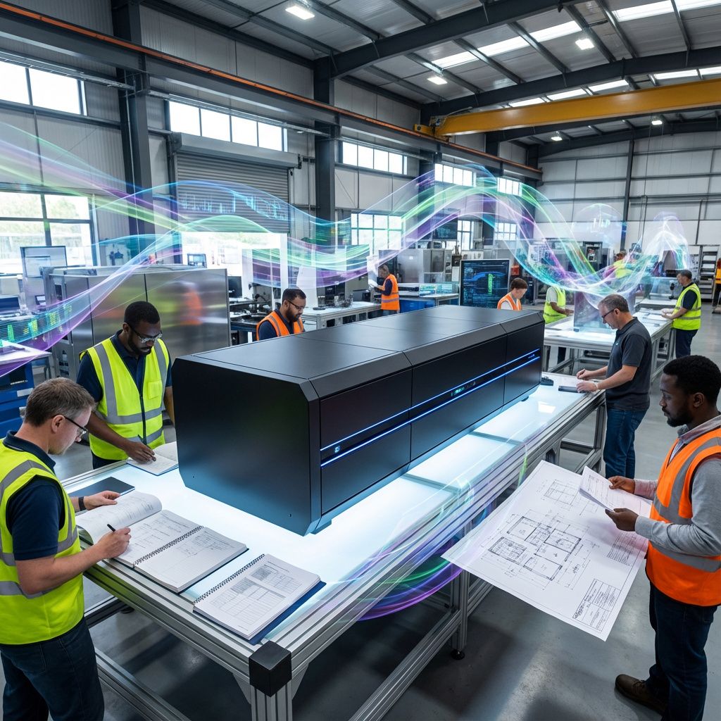 Forestil dig et realistisk og dokumentaristisk billede af en travl, moderne produktionshal, hvor tydelige, abstrakte repræsentationer af AI og data flyder gennem et industrielt miljø. En lang, slank, futuristisk supercomputer i sort, minimalistisk design står centralt på et veloplyst arbejdsbord, omgivet af medarbejdere i arbejde med analogt udstyr, såsom papir, notesbøger og printede diagrammer. Strømninger af let semitransparente, farverige data- og informationsstrømme kredser i luften omkring maskinen, hvilket symboliserer den uundgåelige og hastige integration af AI i arbejdsprocesserne. Lyset fra LED-linjer på maskinen reflekterer på metalliske overflader, hvilket skaber en dynamisk, men realistisk atmosfære af teknologisk kraft, uden at falde i sci-fi-ekscesser. Dette billede skal formidle det moderne arbejdsmarked, hvor AI er blevet en integreret, næsten usynlig, men kraftfuld kraft i den daglige produktion .