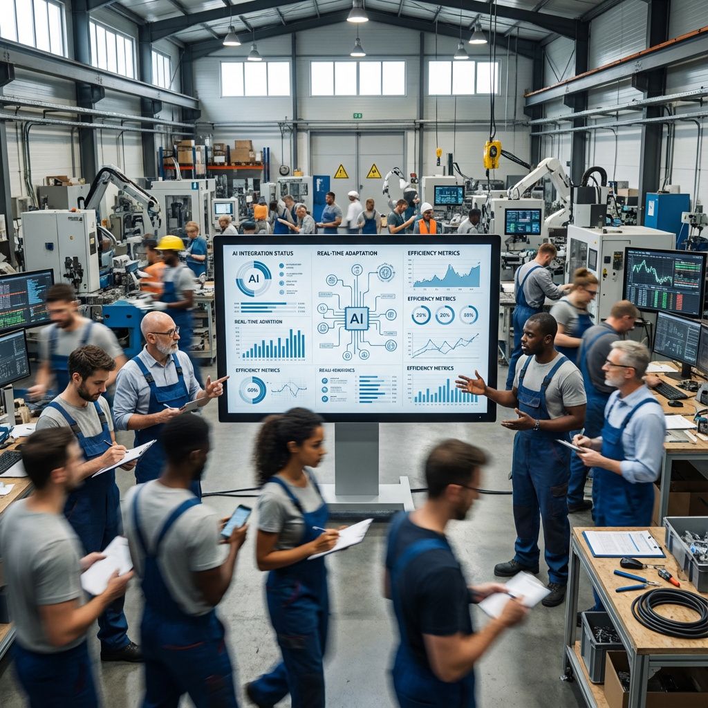 Forestil dig et dokumentaristisk billede af en hektisk adskillelse i en moderne produktionshal, hvor en gruppe arbejder i en organiseret, men kaotisk atmosfære, der symboliserer den øjeblikkelige tilpasning til AI-kravet. I midten står en stor, minimalistisk skærm, der projicerer dynamiske diagrammer, grafer og datavisualiseringer, som symboliserer AIs indflydelse på arbejdsprocesser. De omgivende personer, uden fokus på enkeltindivider, repræsenterer en bred vifte af roller og aldersgrupper – alle i bevægelse, med håndbevægelse, notater eller mobiltelefoner, der fanger øjeblikket af læring og tilpasning. Baggrunden er præget af en industriel, realistisk produktion, hvor kompakte maskiner, robotarme og dataskærme er integreret i et miljø, der illustrerer kaos og orden i foreningen: en metafor for nutidens arbejdsplads, hvor AI integreres som en uundgåelig faktor. Billedet formidler en følelse af pres og hast, men også håbefuld handling, og det afspejler den udefrakommende virkelighed, hvor hurtig tilpasning