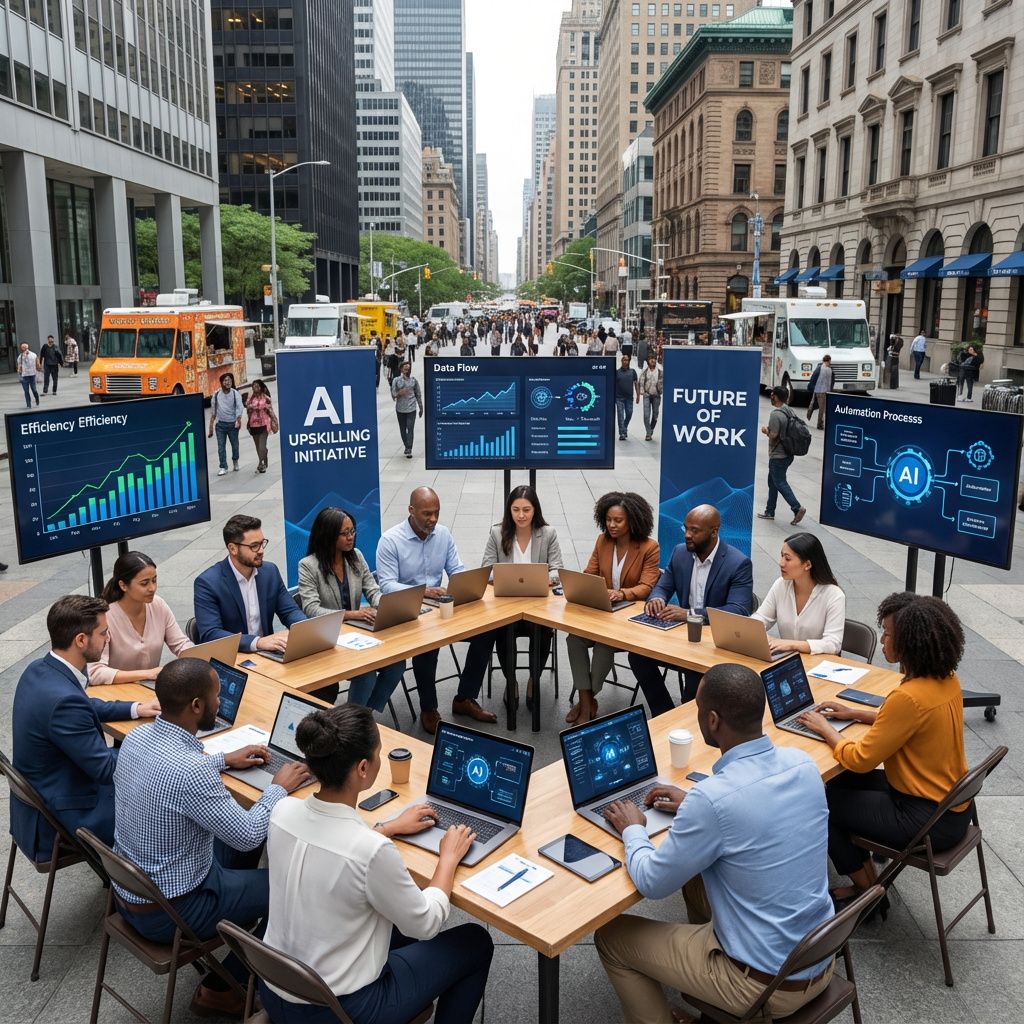Mit udgangspunkt er et dokumentaristisk, realistisk billede, der skildrer den bredere sociale og arbejdsmæssige effekt af AI-uddannelse og digital transformation. Forestil dig en moderne arbejdsplads ude i det fri, f.eks. en urban park eller en hektisk bykvarter, hvor der er etableret et midlertidigt udendørs lærings- og samarbejdsområde. Her er der en gruppe engagerede ledere og medarbejdere, der sidder omkring borde med laptops, tablets og AI-drevne interfaces, mens de deltager i en praktisk, hands-on workshop om AI-opkvalificering. Omkring dem er der visuelle elementer som store skærme, der viser grafer over effektivitet, dataflow og automatiseringsprocesser – symboliserende den stigende integration af AI i hverdagen, og den hastighed, hvormed arbejdsmarkedet ændrer sig. Dette billede omfavner den samfundsmæssige realitet af AI som en styrkende kraft, der påvirker alle brancher og medarbejderes kompetencer uden at fokusere på teknologi som en isoleret niche.