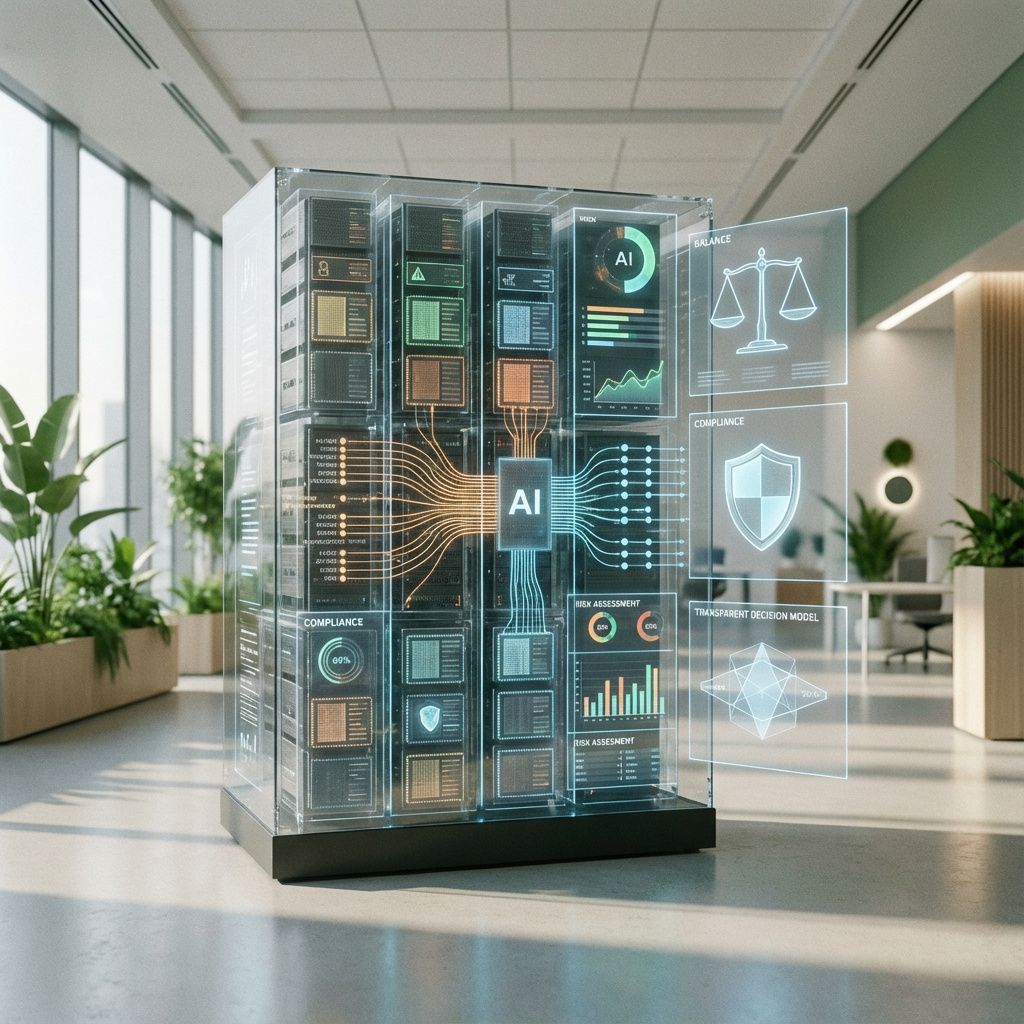Forestil dig et realistisk, dokumentaristisk billede, hvor et nytidigt miljø fokuserer på en stor, moderne teknologisk installation, der repræsenterer ansvarlig AI governance. Billedet viser et innovativt kontrolrum eller et udenfor-eksponeringsmiljø med en række segmenterede dataships eller servere, der har en dynamisk, transparent visualisering af dataflows og compliance-mekanismer. Lyset er blødt, men intricately styret, med enkelte områder, der fremhæver grafer, risikovurderinger og anonymiserede datamønstre, hvilket antyder en bevidsthed om etik og ansvar i AI-udvikling. Skærme eller holografiske paneler i nærheden viser tiny, men tydelige visuelle repræsentationer af koordinerede processer: en balanceret vægt, et skjold og en gennemskuelig beslutningsmodel, der symboliserer governance-by-design og risiko. Baggrunden består af et åbent, minimalistisk miljø med grønne planter og subtile design, hvilket antyder en kultur, hvor innovation og etik går hånd i hånd – et arbejdsmiljø, der fremhæver, at ansvarl