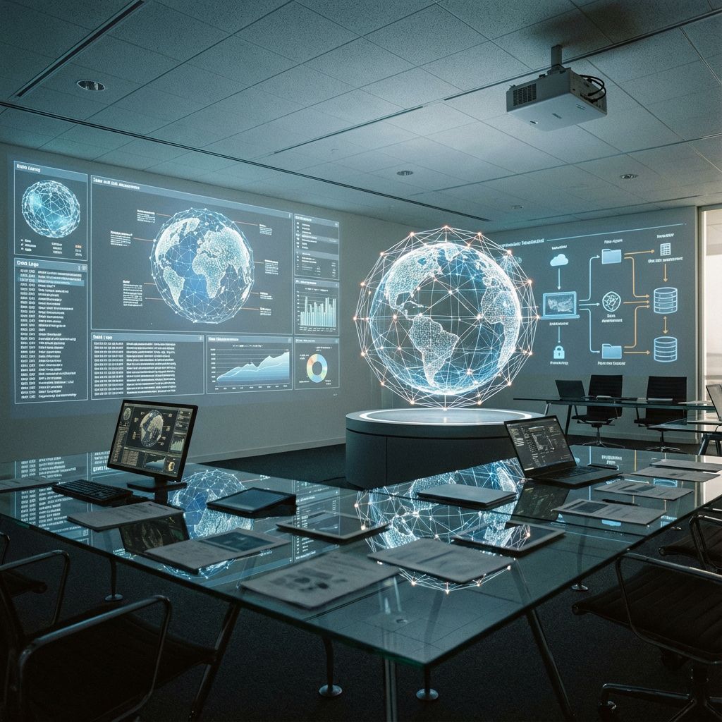 Et symbolsk, dokumentaristisk billede, der visualiserer ansvaret og sikkerheden i AI governance, kunne være et panoramisk, højkvalitetsfoto taget i et moderne, multifunktionelt kontrolrum. Forestil dig en stor, transparent glasbord, hvor skærme, papirer og digitale tablets er spredt ud, men uden mennesker i fokus—i stedet ses en kompleks, multifaset data- og risikovurderingsvisualisering, der projiceres på væggen via en præcis projektor. I midten af rummet er en stor, futuristisk, men samtidig håndgribelig model af en global netværksstruktur, som symbol på den ansvarlige dataadfærd, med dataloger og flow-diagrammer, der tydeligt viser balancen mellem innovation og sikkerhed. Det flimrende lys fra skærmene og projektoren fremhæver en følelse af ansvarlighed og teknologisk magt uden at fokusere på personer, hvilket understreger, at governance handler om processer og kultur, ikke kun enkeltpersoner .