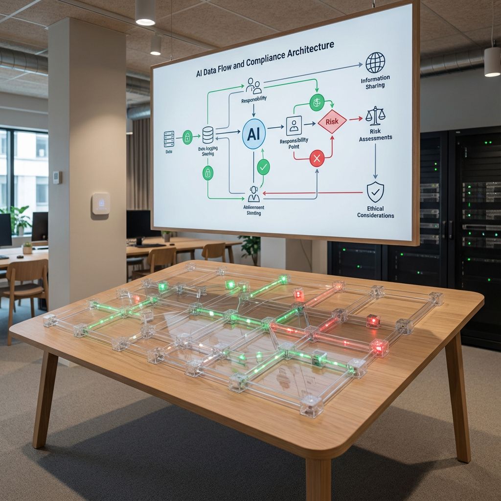 Forestil dig et realistisk, dokumentaristisk foto, der illustrerer den fundamentale betydning af ansvarlig AI governance i en moderne organisation. Billedet viser en åben, neutral kontorbygning, hvor fokus ligger på en skænkende bordplade med et fysisk, transparent netværk af dataloggings- og compliance-arkitektur, symboliseret ved små, digitale indikatorer, der skifter farve – grøn for compliant, rød for risikofyldt. Over bordet hænger en stor, tydelig infografik, der visualiserer dataflow, ansvar og beslutningspunkter i AI-processerne uden menneskeforbindelse, men fremhæver klare, visuelle linjer og symboler for informationsdeling, risikovurdering og etik. Omgivet af en neutal, Scandinavian-agtig indretning, prydet med organiske materialer og subtile teknologiske elementer som IoT-enheder og lydløse servere, fremstår scenen som en moderne, ansvarlig AI-udviklings- og governance-ramme. Lyset er dæmpet med bløde, naturlige nuancer, der understreger det seriøse, men inspirerende aspekt af at indføre governanc
