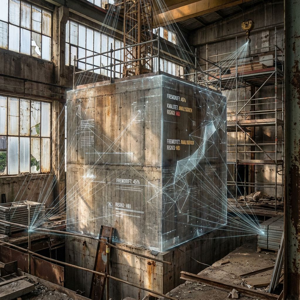 Forestil dig et fotografi taget i en dystopisk, industrielt miljø, hvor bygningselementer under konstruktion er gennemsyret af subtile, abstrakte digitale elementer. I midten af billedet er en stor, rusten betonblok, der symboliserer den fysiske byggeproces, men over den sidder et transparent, komplimenterende lag af skimrende, datadrevne strukturer — visualiseringer af AI-baseret billedanalyse, der identificerer og vurderer fremdrift, kvalitet og risici. Disse virtuelle netværk er skitseret med fine, glødende linjer, der strækker sig ud og forbinder forskellige objekter i billedet, hvilket antyder en intelligent overvågning i realtid, uden at poechanisere miljøet direkte. Lyset er blødt, naturligt og filtreret gennem beskidte, glasbeklædte vinduer, hvilket styrker den dokumentariske følelse, mens den abstrakte dataetning fremstår som en subtil, visuelt kompleks kommentar til den teknologiske transformation af branchen.