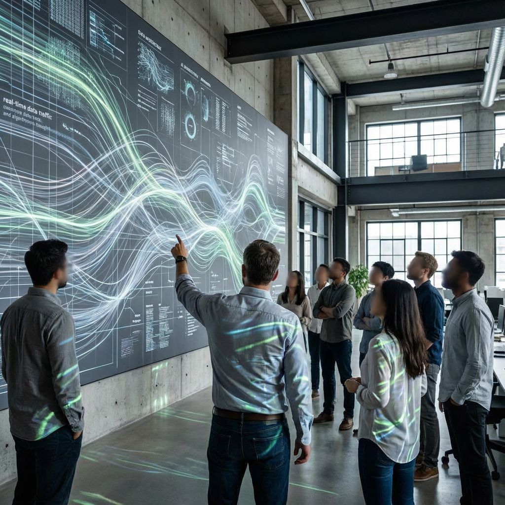 Forestil dig et detaljeret, dokumentaristisk foto af en moderne, industriel kontormiljø, hvor en stor, åben tekstilfremstillet væg er fyldt med komplekse, abstrakte visualiseringer af datastreams og AI-arkitektur. Disse visualiseringer er tydeligt inspireret af teknologiske netværk, med lyse, flydende linjer, der repræsenterer datatrafik og algoritmisk tænkning i realtid. Billedet har en neutral, men alligevel futuristisk farvepalette med nordiske grå, blå og grønne nuancer, hvilket understreger den realistiske atmosfære omkring avanceret dataanalyse. I midten står en teamleder, der peger mod væggen, mens andre forskere og teknikere kigger op i fascination — uden at vise ansigter, fokus er på visualiseringen, hinanden og det kunstneriske spil af lys, der efterligner hastighed og kompleksitet i moderne AI-udvikling. Dette billede symboliserer den usete, daglige infrastruktur bag avanceret AI, hvor data flyder som livsnerven i nutidens informationssamfund.