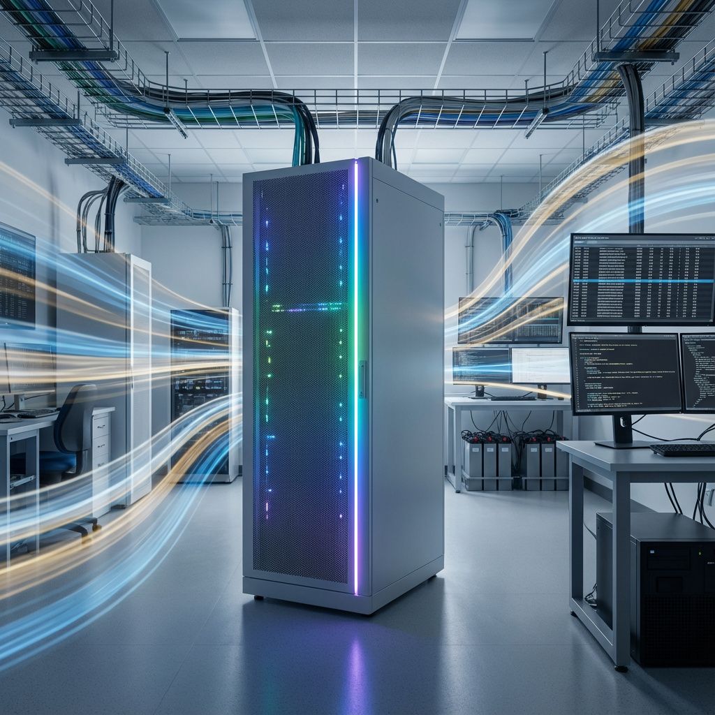 Forestil dig et realistisk, dokumentarisk billede taget i en moderne datacenter- eller forskningsfacilitet. I midten står en stor, minimalistisk serverrack, der er omgivet af en blid, farvet LED-lysstribe, der skifter langsomt i et elegant mønster, symboliserende AIs hastighed og dynamik. Rummet er præget af en rolig, højteknologisk stemning med rene linjer, slidte kabler, fleksible arbejdsstationer og avancerede skærme, der viser rækker af data og kode uden at fokusere på mennesker. Flere infrastruktur-elementer, som kølingssystemer og batteribakker, mangfoldiggør den realistiske, tekniske atmosfære. I baggrunden er der usynlige lag af virtuelle datanetværksstrømme visualiseret gennem delvist gennemsigtige, flydende farvestrøg, der bevæger sig som hurtige databølger gennem rummet – en abstrakt repræsentation af, hvordan Gemini 3 Flash accelererer databehandling og AI-integration i realtid. Billedet formidler den effekt, som den nye teknologi har på samfundet og virksomheder, uden menneskelige figurer, men 