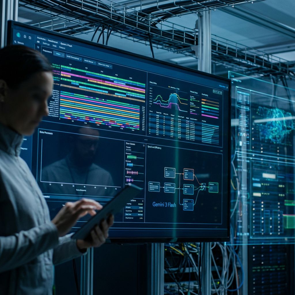 Et nærbillede taget i et moderne, højteknologisk analyse- og innovationsmiljø, hvor en omfattende dataskærm dominerer billedet. Skærmen viser komplekse grafiske visualiseringer, farverige datastreams og realtidsdiagrammer, der illustrerer hastigheden og effektiviteten af den nye Gemini 3 Flash model i praksis. I forgrunden er en laboratoriearkitekt eller ingeniør i profil, klædt i minimalistisk, funktionelt tøj, som fokuserer på at overvåge systemerne gennem en tablet, uden direkte at interagere med en person, hvilket understreger teknologien som en selvstændig, eksplorativ kraft. Billedets belysning er dæmpet men præcist rettet mod skærmen, hvilket fremhæver detaljerne i databehandling og teknologiens indre funktioner uden at involvere menneskelige ansigter – kun en antydning af den menneskelige involvering gennem en hånd eller en figur i refleksionen, der ser på data. Baggrunden består af en struktur med åbne kabler, serverracks og holografiske skærme, der antyder et avanceret, men realitetsbaseret miljø, 