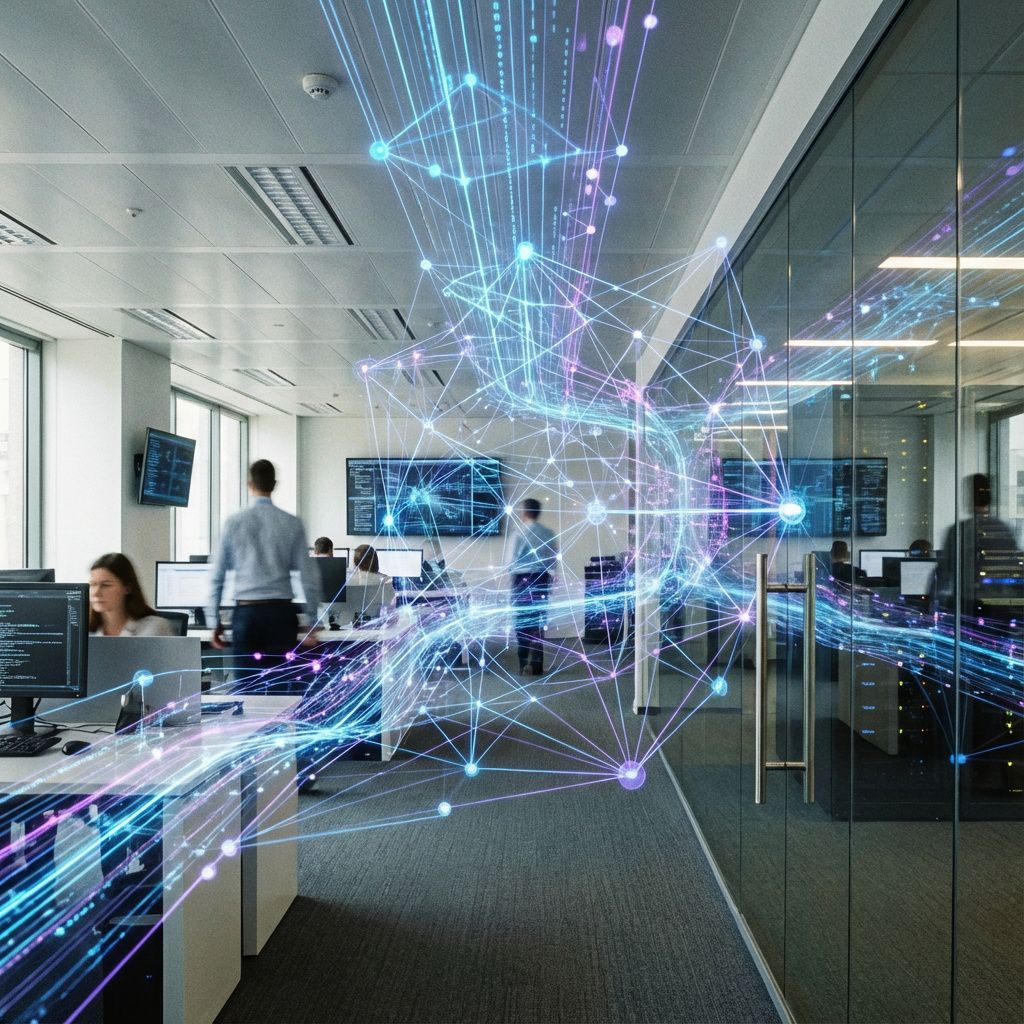 Forestil dig et dokumentarisk billede, der viser en travl, moderne virksomhedsmiljø, hvor en stor, kompleks og dynamisk datastrøm flyder gennem et stort, åbent kontorlandskab. I midten er der en transparent, futuristisk visualisering af netværk – symbolsk for virksomhedens interne AI-arkitektur – der kobler medarbejdere, systemer og datakilder i et fælles, digitalt kredsløb. De eteriske linjer og pulserende forbindelser skaber en abstrakt, men veldefineret struktur, der illustrerer den ubegrænsede forbindelse og automatisering, uden at retningslinjerne for den enkelte person er explicit. I baggrunden er enkelte medarbejdere i bevægelse, men deres tilstedeværelse er subtil; fokus er på dataflowet og infrastrukturen, som omslutter dem, spejler den organiske måde, AI har integreret sig i organisationen. Billedet understreger, hvordan teknologi og organisering smelter sammen i en flydende, intelligent helhed – en dokumentarisk visualisering af moderniseringens hjerte, hvor AI er en integreret del af forretningens