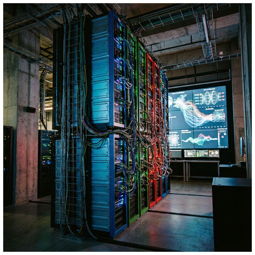 Forestil dig et fotografi, der afspejler den komplekse dynamik i AI-industrien gennem en dokumentaristisk og realistisk linse. Billedet skildrer en moderne, industriel indendørs scene, hvor flere lag af teknologi og samspil er synlige. I midten står en mur af store, farvede cloud-servere, der symboliserer datacenterets kraft og massive kapacitet, mens kabler og LED-lys smukt krydser hinanden i et komplekst netværk, der illustrerer den teknologiske infrastruktur. På en baggrunds-skærm er visuelle repræsentationer af datastrømme og AI-modeller i bevægelse, der symboliserer innovationen og den kontinuerlige udvikling. Lyset er dæmpet, med fokus på de levende LED- og LCD-skærme, hvilket skaber en intens stemning af aktivitet, opdagelse og kraftfuld teknologi, uden at portrættere mennesker direkte.