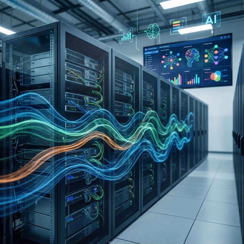 Forestil dig et skarpt, dokumentaristisk billede, der viser sanseindtrykkene af et moderne datacenter i daglig drift, men med et kunstnerisk twist: en subtil abstraktion af dataflow. I forgrunden vises en række x-ray-inspirerede lag af store, rummelige servere, hvor komponenter og kabler er tydeligt adskilt, men med en næsten organisk bevægelse – som om data bevæger sig gennem kablerne i pulserende, flydende bølger af lys. Farvepaletten går i dybblå, grøn og måske en enkelt stream af varm-orange, der symboliserer energitilførsel og aktiv dataudveksling, mens den overordnede struktur af serverhallens geometriske præcision står i kontrast til den indre, flydende livsfornemmelse. Bagved er en stor skærm, der viser en farverig visualisering af netværk og AI-modeller, hvor grafiske elementer svæver let over scenen – en registrering af den komplekse sammensmeltning mellem hardware og data i nutidens AI-økosystem. Billedet er taget i en lav dybdeskarphed, hvor fokus er på det betagende, men også dokumentariske i d