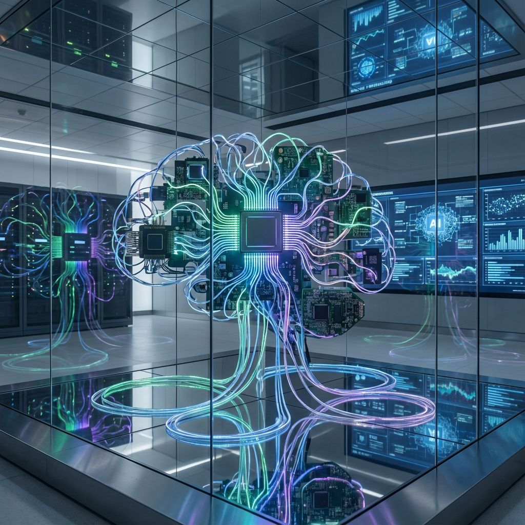 Et dokumentaristisk billede, der afspejler den aktuelle AI-udvikling og den potentielle magtbalancer i teknologiindustrien, kan forestilles i en moderne, industrielt inspireret data- og serverpark. I midten står en række avancerede AI-chips og hardwarekomponenter, vist som abstrakte, næsten kunstneriske repræsentationer af elektriske kredsløb og dataledninger, der folder sig ud i komplekse, organiske strukturer uden menneskelige figurer. Disse komponenter er oplyst af bløde, skiftende LED-lys, der symboliserer aktiv dataflow og de enorme kapaciteter bag AI-udvikling, hvilket skaber en symbolsk udforskning af kraften i nye hardware-løsninger. Omkring er der en roet, men intens atmosfære med subtile refleksioner af teknologien i glaserede ståloverflader og glødende kabler, hvilket understreger den dokumentaristiske og realistiske tilgang. Baggrunden prydes af store, skærmende displays, der illustrerer forskellene i AI-capaciteter og innovation i form af digitale diagrammer, kurver og datastrømme. Det er en sce