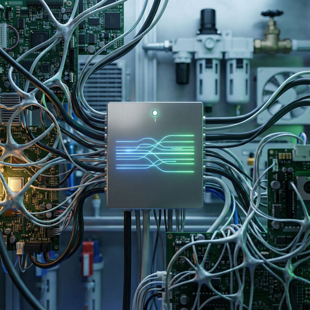 Forestil dig et nærbillede af en industri- eller forskningslabs omgivet af komplekse, abstrakte detaljer af elektronik, kraftfulde kredsløb, og wire-formationer, der krydser hinanden i organiske, næsten neuronlignende mønstre. I midten er en diskret, minimalistisk indikatorlampe eller et tyndt, poleret metalpanel, der visualiserer energistrømme gennem lyse, pulserende linjer af blå og grøn, som symboliserer data- og energiflow. Samtidig står en række luftfiltre og ventiler i baggrunden, der antyder et højteknologisk miljø, hvor avanceret hardware opererer i fuld kapacitet, illustrerende den eksterne kraft og effektivitet i AI-chipsystemer uden direkte at vise personer eller specifikke enheder. Billedet afspejler en hverdagssituation i en hightech forsknings- eller produktionsfacilitet, hvor innovationen er en synlig kraft i det daglige, uden at tage fokus fra selve den abstrakte teknologi og dens betydning for fremtidens AI-udvikling.