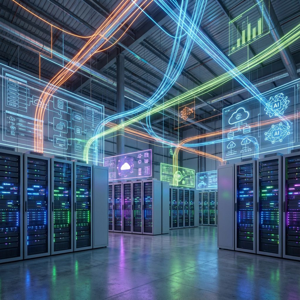 Det mest fængende og spændende billede, der bygger på den midterste tredjedel af artiklen, viser en high-tech, realistisk scene af en stor, moderne AI-infrastruktur, der symboliserer global acceleration i AI-inferens. Billedet kan forestilles som en dynamisk, abstrakt visualisering af AI-innovation: store, glødende dataudvekslingslinjer og netværksvisualiseringer, der krydser hinanden i et stort, futuristisk datacenter, uden at repræsentere nogen specifik person. De lyse, neonagtige farver, symboliserer hastighed og omkostningseffektivitet, mens lagdelte grafiske elementer illustrerer AI-processer, tekniske diagrammer og data flows, der flyder gennem rummet. Dette skaber en stærk, symbolsk forbindelse til den avancerede teknologi, der understøtter AI-infrastrukturens øgede hastighed og billigere drift, hvilket afspejler artiklens budskab om innovation, konkurrence og teknologisk udvikling uden at blive fyldt med cliché-prægede elementer. I det ekstremt detaljerede og realistiske motiv fremstår et stort datac