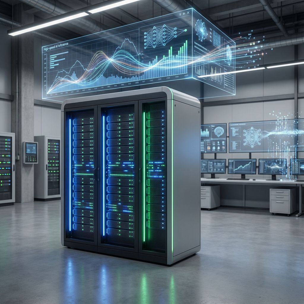 Det mest fængende og relevante billede for artiklen om Groqs licensaftale med Nvidia kunne være en dokumentaristisk, realistisk scene af en moderne AI-udviklingsfacilitet, hvor de abstrakte koncepter for AI-inferens bliver visualiseret gennem et øjebliksbillede. Forestil dig et industrielt, futuristisk laboratorium med lyse, neutrale farvetoner, hvor en stor, elegant serverrack med lyse LED-lys skaber en livlig kontrast. Over denne enhed svæver en stor, transparent digital visualisering af dataflydende grafer og netværk, der symboliserer den hastighed og effektivitet, som teknologien bringer. I baggrunden kan man ane en rolig, monitor-agtig atmosfære, uden mennesker, men med subtile indikationer på teknologisk aktivitet – små blinkende lys, virtuelle diagrammer og datalinjer, der strømmer og former sig. Dette billede kombinerer det abstrakte med det konkrete: det repræsenterer den avancerede teknologi i en hverdagssituation, hvor AI-infrastruktur bliver central for ny teknologiudvikling, uden at give clichéf