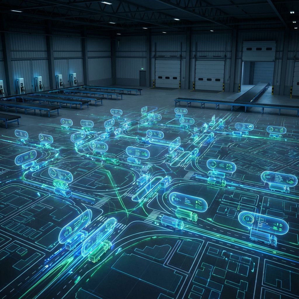 For at skabe det mest fængende og realistiske foto, der illustrerer agentbaserede logistiksystemer uden at bruge mennesker direkte, forestil dig et dynamisk bykort i en stor, blokeringsfri bymulighed. Billedet forestiller et stort digitalt skærmbillede eller en holografisk projection af en metropol, hvor en kompleks graf over vejkryds og transportnetværk vises i realtid, med flere autonome lastbiler, der krydser kryds og følger ruter. Hver lastbil er visualiseret som abstrakte bobler eller ikoner, der bevæger sig over grafen, illustrerende deres dynamiske beslutningsproces, energistatus og rutefaser. Farverne er kølige, med blå og grønne nuancer, der symboliserer effektivitet og bæredygtighed, mens lyset i rummet er dæmpet for at fremhæve skærmens levende visualiseringer. Baggrunden er en industri- eller lagerhal med moderne infrastrukturelementer som adgangsporte, transportbånd og energiinfrastrukturer, der antyder et realistisk fysisk miljø. Billedets fokus ligger på den visuelle repræsentation af data og 