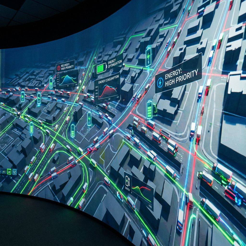 Forestil dig et nærbillede af et moderne bykort projiceret på en stor skærm, hvor en kompleks netværksgraf er visualiseret i realtid. Små, fotorealistiske autonome lastbiler, repræsenteret som små, lyse prikker med glødende kanter, navigerer systematisk gennem byens gader, deres dynamiske ruter markeret med fluorescerende linjer, der skifter farve ud fra energiforbrug og opgaveprioritet. Ser man nøje, er der subtile detaljer som batteriladestationer, energiforbrugskurver og opgaveskilte, der floatere over bykortets overflade. Dette rum er tomt for mennesker, men fyldt med intensiteten fra den digitale trafik, hvor funktion og effekt af agentbaseret logistik visualiseres gennem intuitive, farverige animationer, der illustrerer kompleksiteten. Billedets klare, dokumentaristiske stil giver en nøgtern men fascinerende indføring i, hvordan teknologi i praksis former effektiviteten og bæredygtigheden i moderne bytransport .