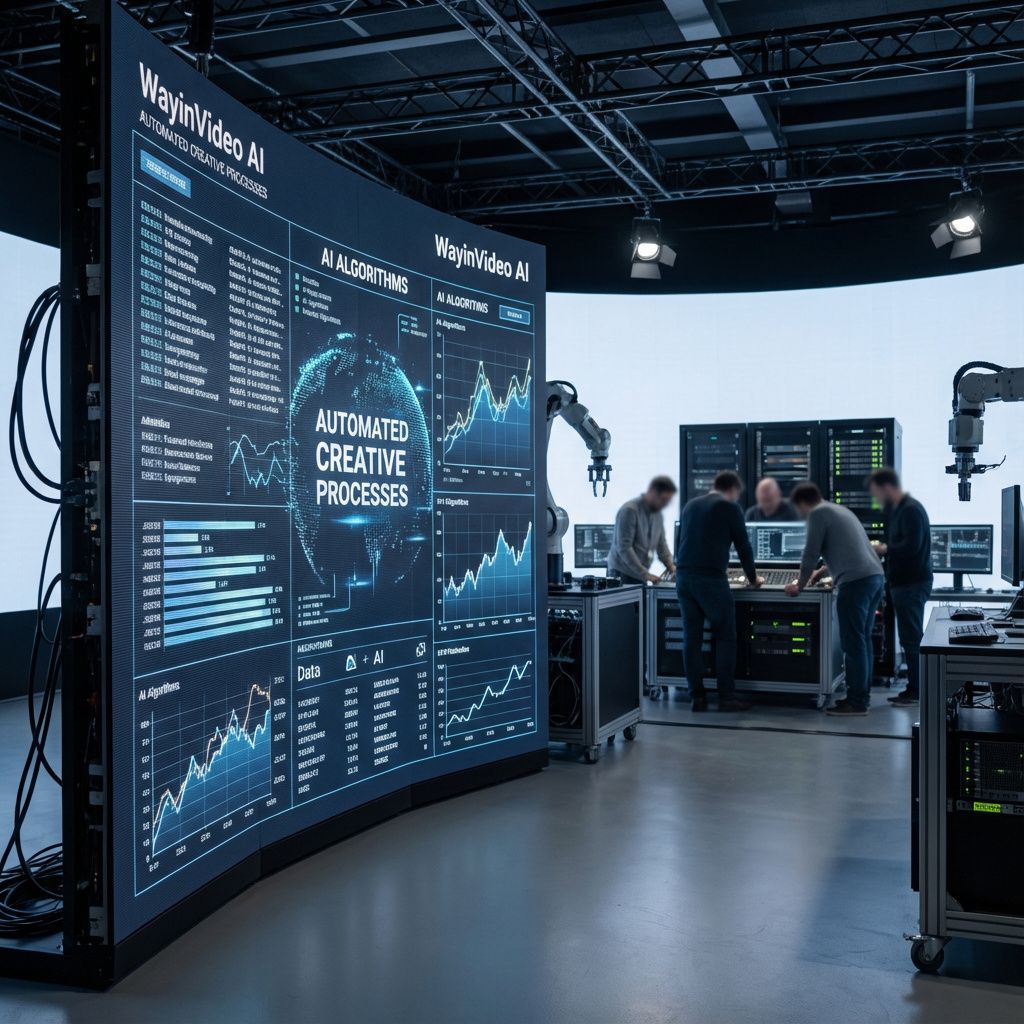 Mit billede visualiserer en stram, realistisk dokumentarisk scene, hvor en ukendt, indgangen til en moderne videoproduktionsfacilitet er omgivet af store LED-skærme og teknologiske instrumenter. I fokus er en stor, udstrakt skærm, der visualiserer en flod af data og AI-algoritmer gennem komplekse grafikker og linetekster, uden personlige eller menneskelige elementer. I baggrunden kan man skimte en gruppe teknikere og analytikere, der arbejder koncentreret omkring højteknologiske maskiner, hvilket symboliserer kraften og effektiviteten i moderne AI-drevne videoredigeringsværktøjer som WayinVideo AI. Lyset er blødt, men præcist, med fokus på den digitale skærm, hvilket skaber en stemning af innovation og analytisk gravalvor. Billedet fanger den daglige virkelighed af et arbejdsmiljø, hvor AI-teknologi automatiserer komplekse kreativitetsprocesser, uden tydelige menneskelige ansigter eller almindelige kontorrammer, men i stedet med en stærk fremstilling af datastreams, grafiske visualiseringer og de skjulte, k