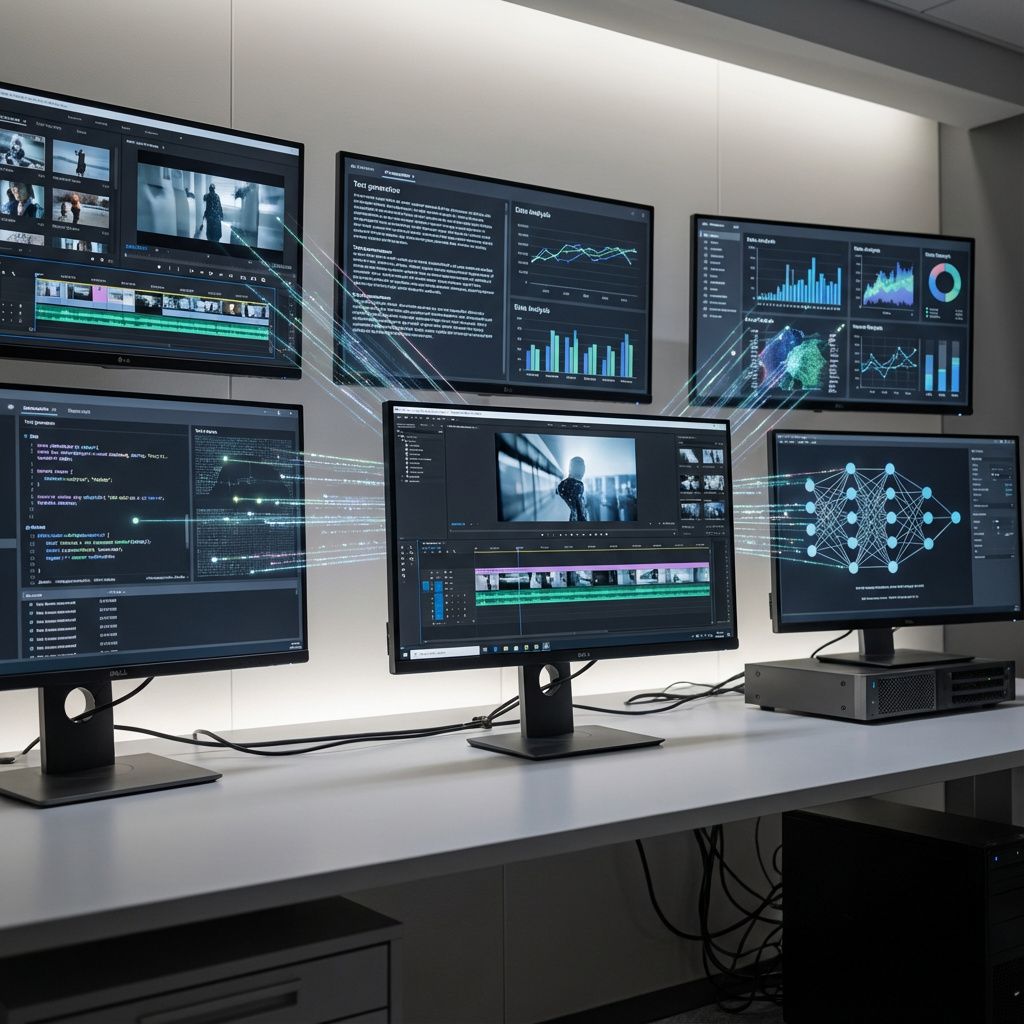 Et dokumentaristisk billede, der indrammer alt det komplekse og avancerede ved AI og videoredigering, kan visualisere en moderne produktionsscene i en teknologisk studie- eller control-room. Billedet viser en stilfuld, minimalistisk arbejdsstation med flere store, fladskærmede displays, der viser kreative visualiseringer af AI-processer som klipning, tekstgenerering og formatering i realtid. Disse skærme fremhæver væsentlige elementer som automatiserede videomomenter, dataanalyse og AI-modellers visualiseringer, hvilket understr gaming af teknologiens magt. I fokus er en enkelt høj opløsning, neutral kunstig belysning, der understøtter skærmenes lysglimt, og en håndfuld kabler og udstyr, der antyder en sofistikeret, men real-world teknologi. Det er en scene uden mennesker, men med tydelige detaljer, der formidler, hvordan moderne AI-drevne video værktøjer revolutionerer arbejdet – præcist, effektivt og integreret i nutidens produktionsmiljø . Billedets symbolik ligger i den måde, hvorpå laserstråler af data