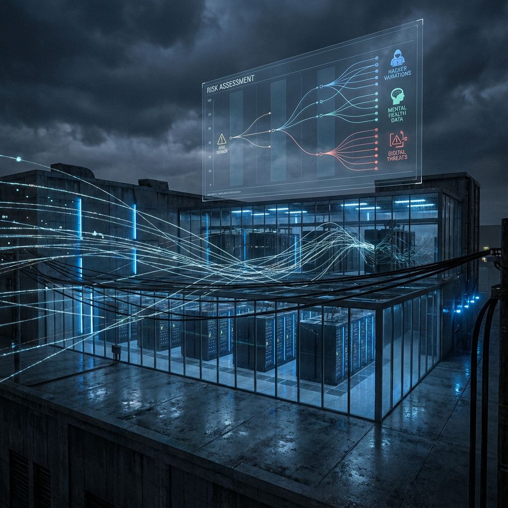 Forestil dig et dystert, men intenst dokumentarbillede, hvor fokus er på en stor, moderne datacenter under en aftenhimmel, oplyst af subtile, pulserende LED-lys i forskellige blå nuancer. Midt i billedet vises en abstrakt, men realistisk gengivelse af netværk, hvor digitale dataflow bevæger sig som fine, lysende tråder, der krydser hinanden over luftige kabler og rækker af servere. Over dette kompleks ser man et stort, transparent skærmbillede, der viser en kompleks risikovurderingsgraf, symboliserende de risici, der forfølges i AI-sikkerhedsarbejdet—som hackervariationer, mentale helbredsdata og digitale trusler. Atmosfæren er præget af en dyster alvor, samtidig med at lysene antyder, at teknologiens kraft er både lys og farlig, og at vi er på kanten af et globalt spil om styring af en kraftfuld og uforudsigelig teknologi. Dette billede sidestiller den hårde realitet af fysisk infrastrukturs skrøbelighed med den abstrakte usynlige trussel, som AI repræsenterer for samfundets sikkerhed og trivsel. Det illust