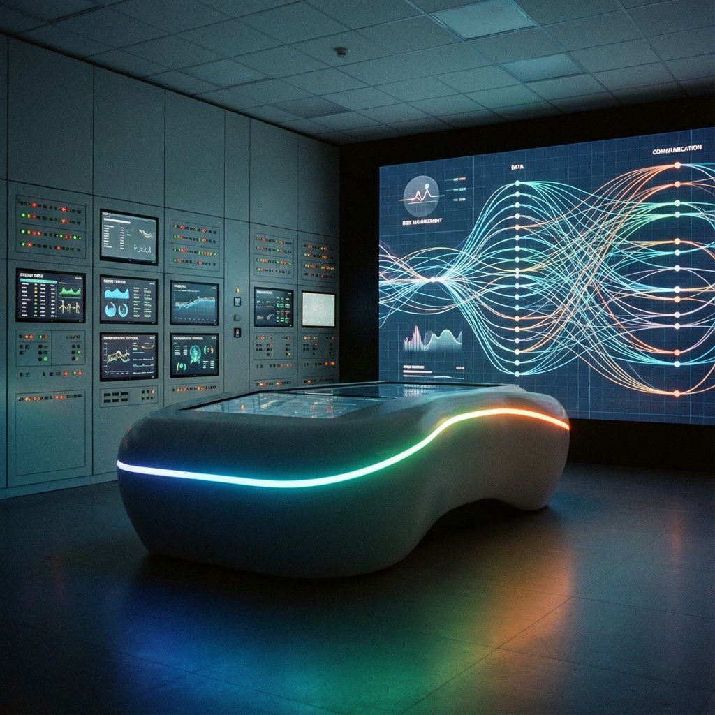 Forestil dig et dokumentaristisk billede taget i en moderne, minimalistisk kontrolrum, der illustrerer AI’s potentielle indflydelse på samfundets kritiske systemer. I midten står en stor, slank supercomputer med bløde, organiske linjer, der symboliserer den komplekse balance mellem avanceret teknologi og menneskelig kontrol – en lysende LED-linje gradient, der skifter farve, repræsenterer både kontrol og usikkerhed. Rummet er holdt i neutrale, kølige toner, med vægge dækket af paneler med indikatorlamper, der blinkende overvåger forskellige systemer, såsom energinet og kommunikationsinfrastruktur, uden at vise mennesker direkte, men med et tydeligt fokus på de infrastrukturelle komponenter. I baggrunden dominerer et stort, subtilt LED-panel, der visualiserer et netværk af dataflydende linjer, der forbinder systemerne i en kompleks, men elegant web. De flydende, abstrakte datastrømme symboliserer AI’s tilstedeværelse i det kritiske samfund, mens de enkle, tydelige grafikker peger på risikostyring og overvågni