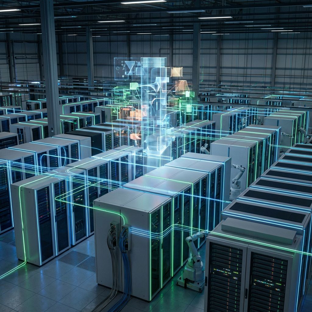 For at skabe et billede, der illustrerer den abstrakte komplekse virkelighed omkring multi-agent systemer i en dokumentaristisk og realistisk stil, forestil dig en stor, industriel data-operationscenter med rækker af moderne, minimalistiske serverrigge, hvor lysende LED-linjer danser i bløde blå og grønne nuancer, der symboliserer dataflyd og kommunikation mellem AI-agenter. I midten står en stor, transparent digital skulptur, der visuelt repræsenterer det netværk af AI-agenter, der arbejder i symbiose – hver kategori med sit eget farvetema, men altsammen integreret i en harmonisk helhed. Scenen er taget fra et højteknologisk miljø, hvor fokus er på infrastruktur og de usynlige netværk, der faciliterer incident response i realtid uden menneskelig tilstedeværelse, men med tydelige tegn på intelligens og effektivitet. Billedet fanger den delikate balance mellem teknologi og funktion, hvor de abstrakte data, visualiseret som flydende lysstrømme og geometriske former, strømmer gennem infrastrukturen og skaber et