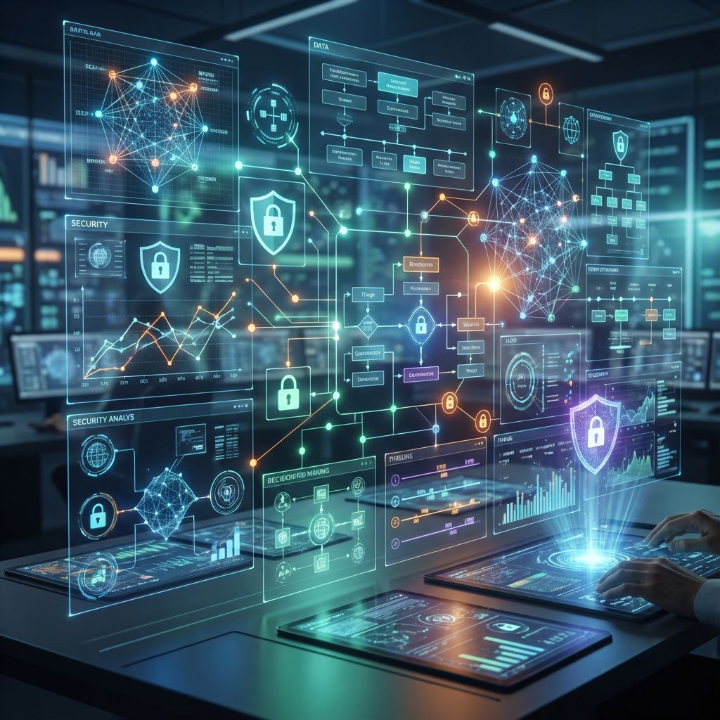 Det mest fængende og spændende foto, der abstrakt repræsenterer emnet for artikelens sidste tredjedel om multi-agent incident response, vil fokusere på en dynamisk visuel sammensætning af data og teknologi i et realistisk miljø. Forestil dig en nærbillede af en moderne kontrolrumslignende scene, hvor et væld af holografiske og digitale displaybilleder projiceres i luften – grafer, symboler for sikkerhed, og flow-diagrammer, der symboliserer samarbejde mellem specialiserede AI-agenter. Disse visuelle elementer er bundet sammen i en kompleks, men organiseret matrix, der fremhæver automatisering, triage, kommunikation og beslutningstagning i realtid — alt sammen uden menneskelige ansigter, men med fokus på teknologien og dens indvirkning. Lyset i billedet er en blanding af kølige blå og grønne nuancer, som understreger den tekniske præcision og alvoren, men også en varme, der illustrerer effektiviteten og tryggheden ved systemerne. Billedets struktur antyder et øjebliksbillede af en situation, hvor teknologi ar