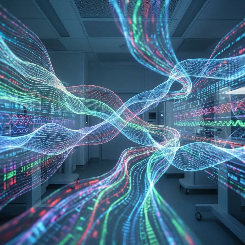 Det mest fængende og spændende billede, der kan illustrere dette komplekse emne, er en abstrakt, dokumentaristisk repræsentation af dataflows og hukommelse i AI-systemer, visualiseret gennem lagdelte, næsten organiske netværk af lysende tråde og digitale mønstre. Forestil dig et futuristisk laboratoriemiljø, hvor indgående, kontinuerlige strømme af informationer cirkulerer i luften – skiftende farver og mønstre symboliserer overførsel af patientdata, der flyder gennem usynlige kanaler. Dataene er visualiseret som glødende, flydende former, der krydser hinanden uden at blive tydeligt adskilt, hvilket antyder risikoen for hukommelse og ukontrolleret lækage. Billedet understreger realiteten i AI’s hukommelse og dens farer, ved at skabe en følelse af både systemets kraft og dets usynlige, potentielt farlige hukommelseslag. Det skaber en dokumentarisk følelse af moderne teknologi i en klinisk, kontrolleret kontekst, hvor det abstrakte bliver til en visualisering af den virkelighed, patienter og sundhedsvæsenet st