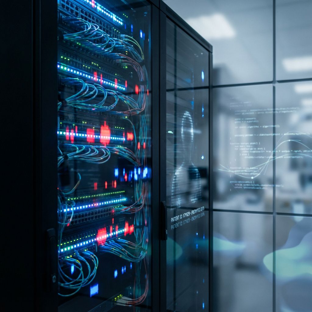Forestil dig et realistisk, dokumentaristisk billede, der visualiserer det subtile og kritiske dilemma omkring AI og følsomme patientdata. Et bestemt øjeblik kunne være en nærbilledet af en sofistikeret, sort AI-server, der står i en ultra-lysfattig og strømlinet datacenter-agtig setting, hvor dense kabler og LED-lysbånd skaber et abstrakt, men ægte indtryk af komplekse netværk. Lyset er dæmpet, men med nogle mere aggressive, uregelmæssige, farvede lysglimt, der symboliserer de skjulte, potentielle data-lækager. Over serveren kan en refleksion af en digital, anonymiseret patientprofil eller en krypteret kode vises subtilt i glasets reflekterende overflade, hvilket understreger både dataprivat og risikoen for memorering uden synlige mennesker. Baggrunden kan indeholde et sløret universitets- eller hospitalstema, hvor diskrete kodelinjer og algoritmoverlays flyder lidt uskarpt over et modulært panel, som forklarer skiftende dataflows uden at vise specifikke patientoplysninger. Farvetemperaturen er dæmpet, med 
