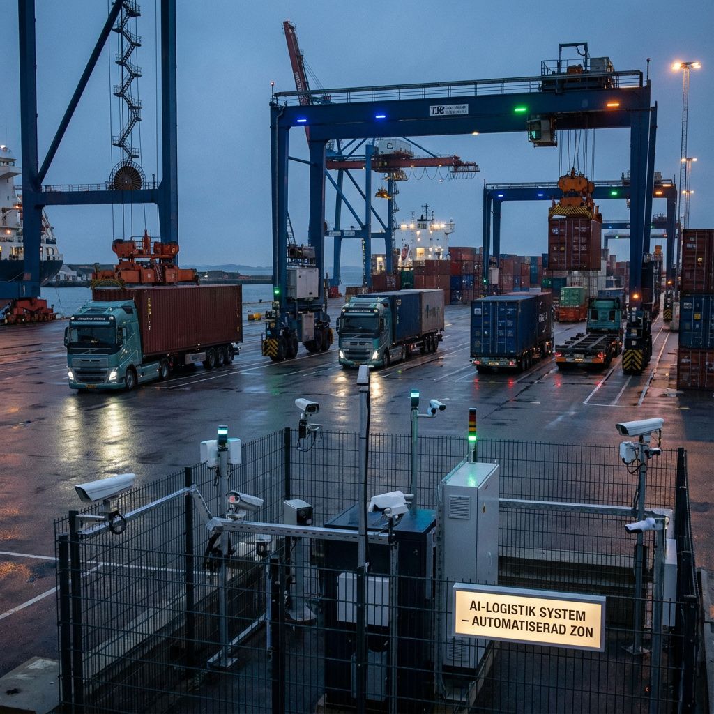 Det mest fængende og spændende billede, der illustrerer artiklens kerne om AIs konkrete overgang til hverdagen, kan være en dokumentaristisk optagelse af en moderne, svensk ordrække, der strækker sig over en havnefront i Danmark, hvor store, autonome logistik- og transportsystemer arbejder fejtfrit i realtid. Billedet viser et lavt perspektiv, hvor selvkørende lastbiler og kraner, styret af integrerede AI-moduler, koordinere sømløst uden menneskelig indblanding. I forgrunden kan man se en adskilt, men tydeligt funktionelt område med avancerede sensor- og overvågningskameraer, der overvåger systemet. Atmosfæren er præget af en subtil, men kraftfuld symfoni af blå, grønne og orange lys, der symboliserer datastreams og systemets dynamiske dataflow, uden at det bliver science fiction – kun en øjebliks dokumentation af nutidens adoptionsproces. Dette billede fanger teknologien i aktion i et dagligdags miljø, hvor dens indvirkning på effektivitet og samfundsnytte er tydelig, men uden spekulative elementer, hvilket