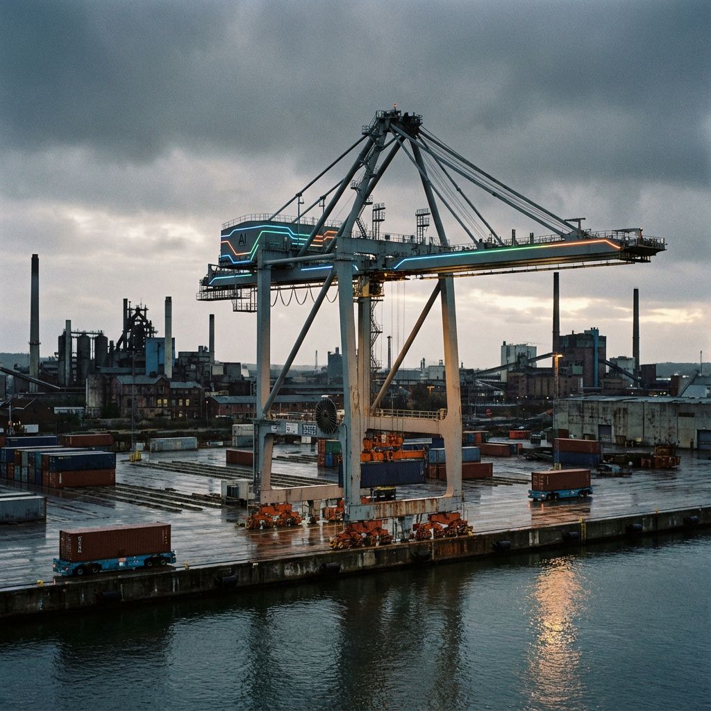 Forestil dig et dystert, men dokumentarisk foto taget fra en dansk havneindustri, hvor der er et skydække af svagt lys, der reflekterer fra vandet. I midten står en stor, moderne kran, som er udstyret med en avanceret AI-drevet styringsenhed, tydeligt markeret med LED-linjer, der skifter subtilt i farver for at indikere operationstilstand. Rundt om kranen er der en række forladte containerområder, hvor automatiserede transportsystemer med minimale menneskelige tilstedeværelser flytter godset præcist og effektivt, uden synligt interantisks menneskeindgreb. Dette symboliserer AI’s uomtvistelige rolle i at forbedre logistik og havneoperationer, og illustrerer, hvordan teknologien er blevet integreret i den fysiske infrastruktur, hvor den arbejder i dyb harmoni med miljøet. Baggrunden viser en industriel skyline, der stammer over de dystre, men funktionelle omgivelser i havnen – en visuelt stærk kontrast mellem menneskets gamle industri og den nye, AI-drevne effektivitet. Den lave, bløde belysning kombineret m